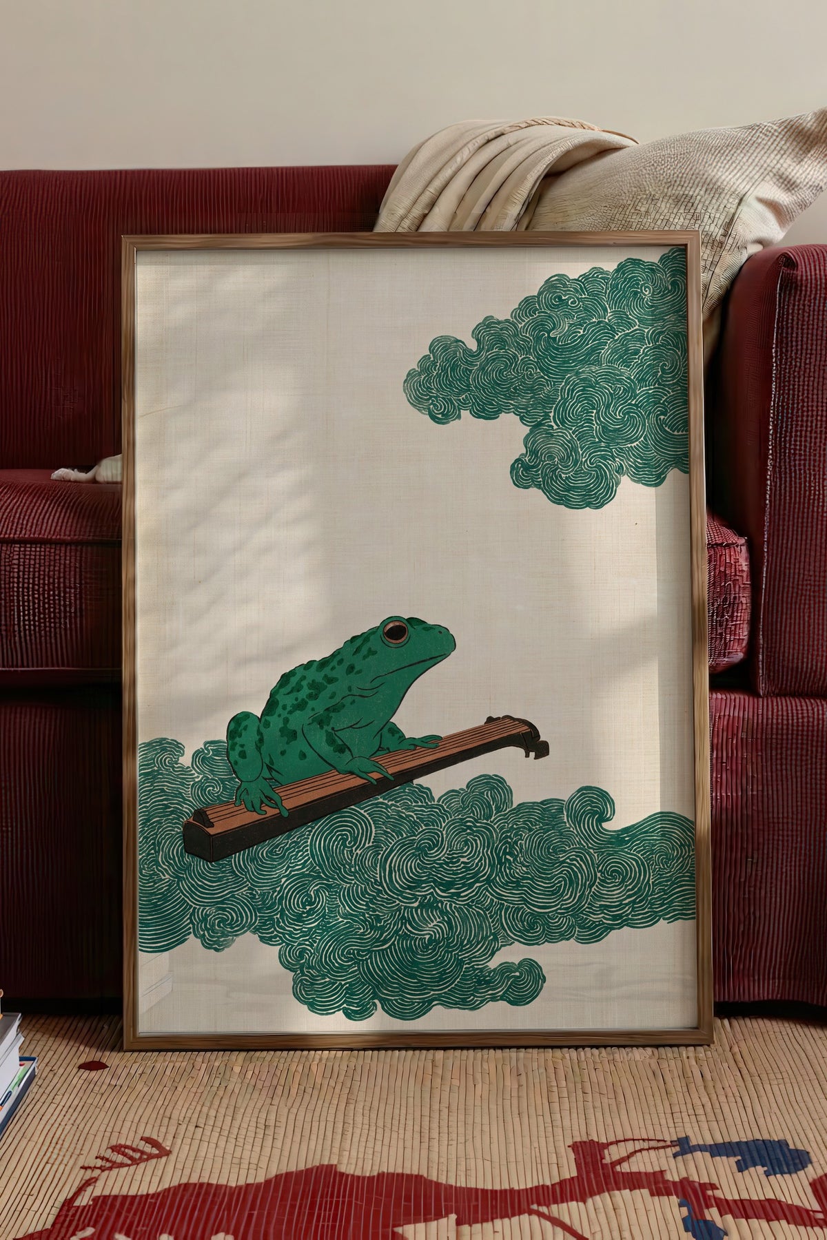Guzheng Çalan Kurbağa Poster – Kahverengi Çerçeveli Tablo