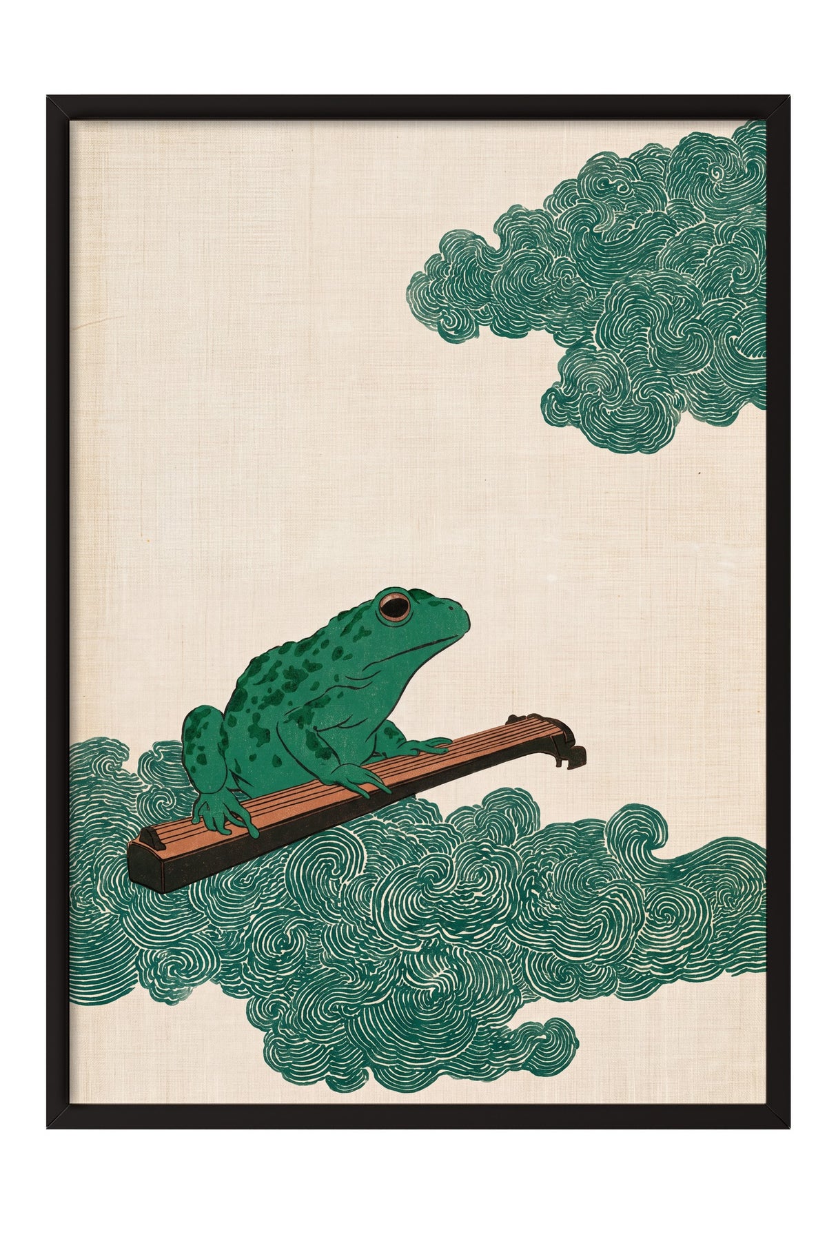 Guzheng Çalan Kurbağa Poster – Siyah Çerçeveli Tablo