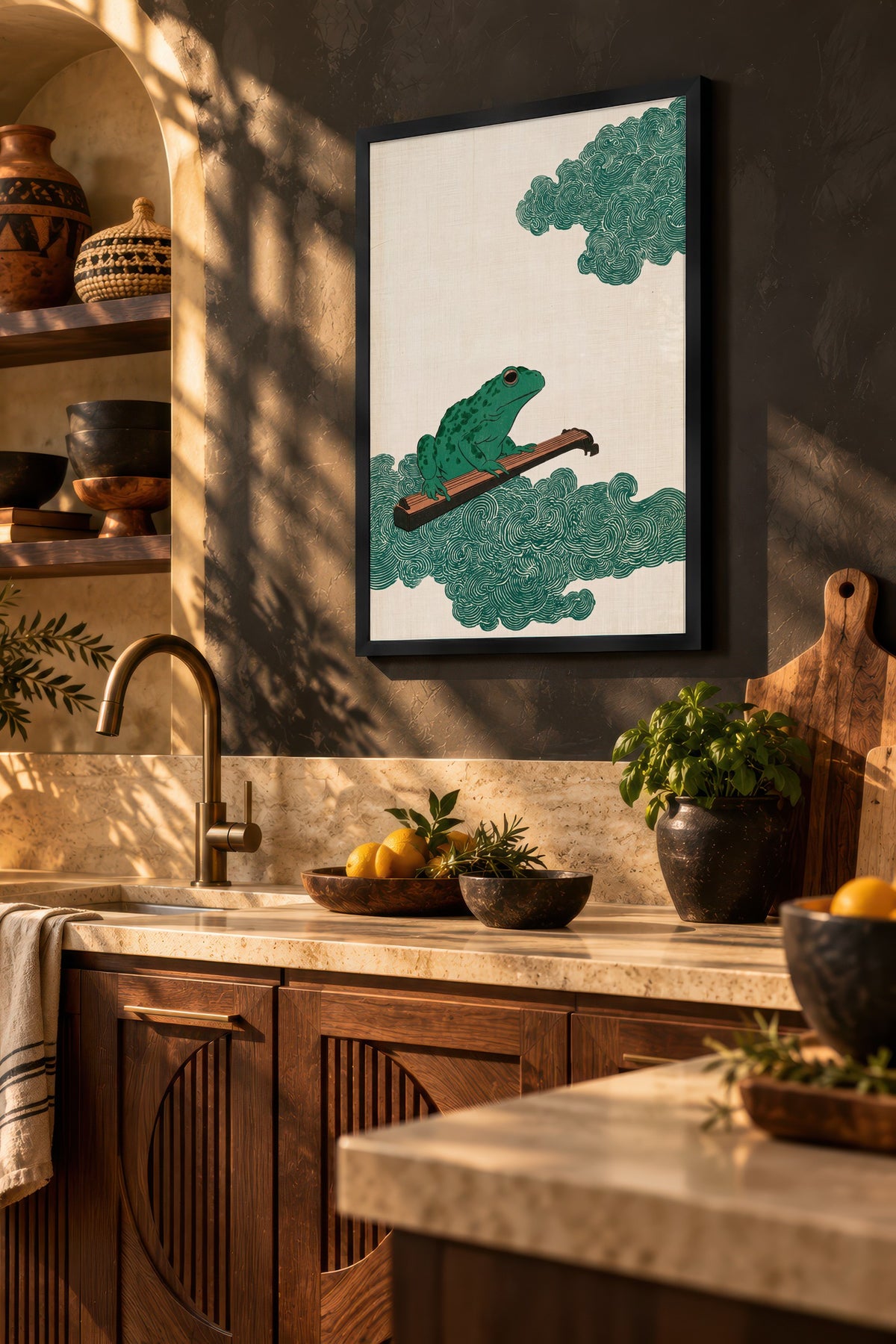 Guzheng Çalan Kurbağa Poster – Siyah Çerçeveli Tablo