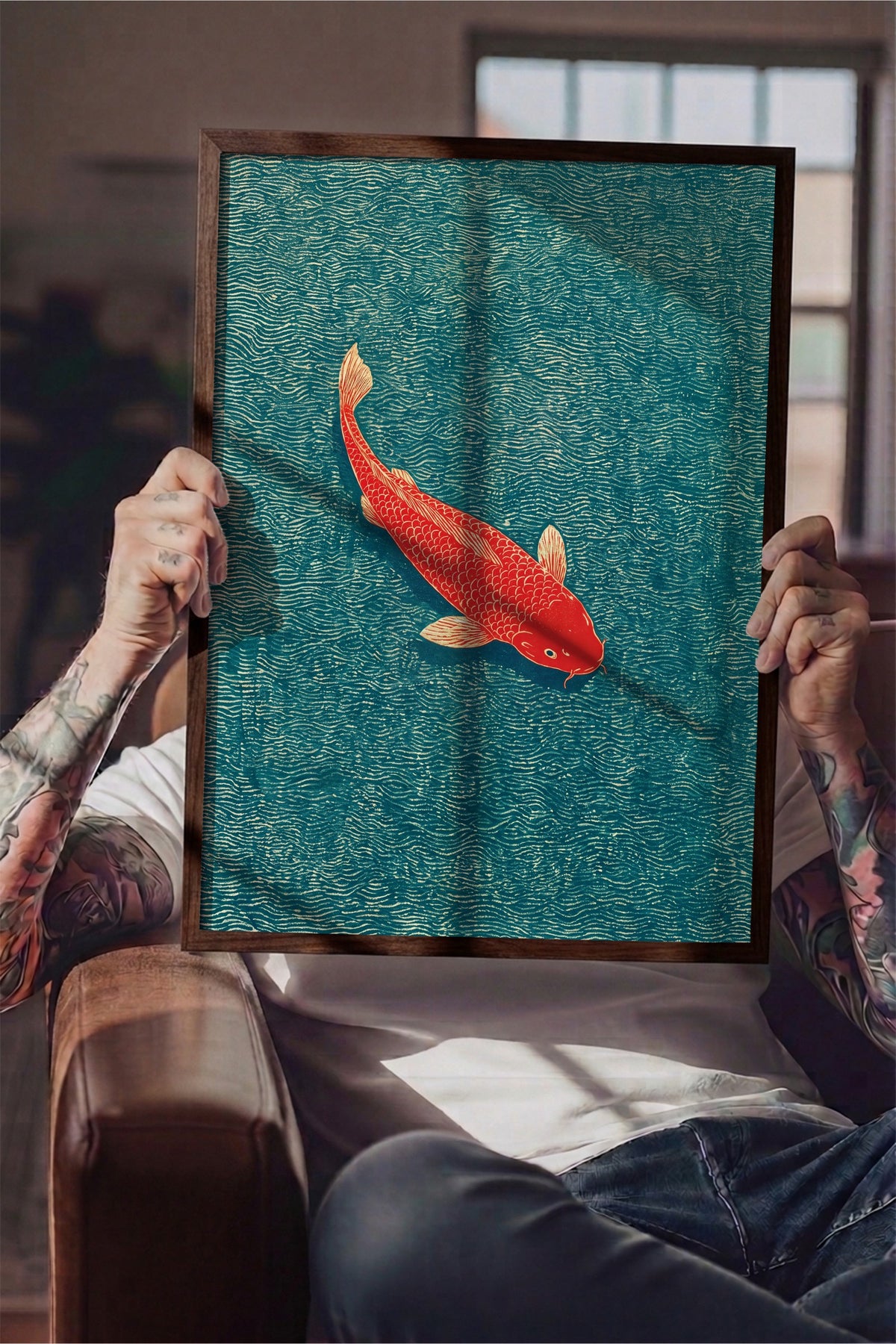 Kırmızı Koi Balığı Poster – Kahverengi Çerçeveli Tablo