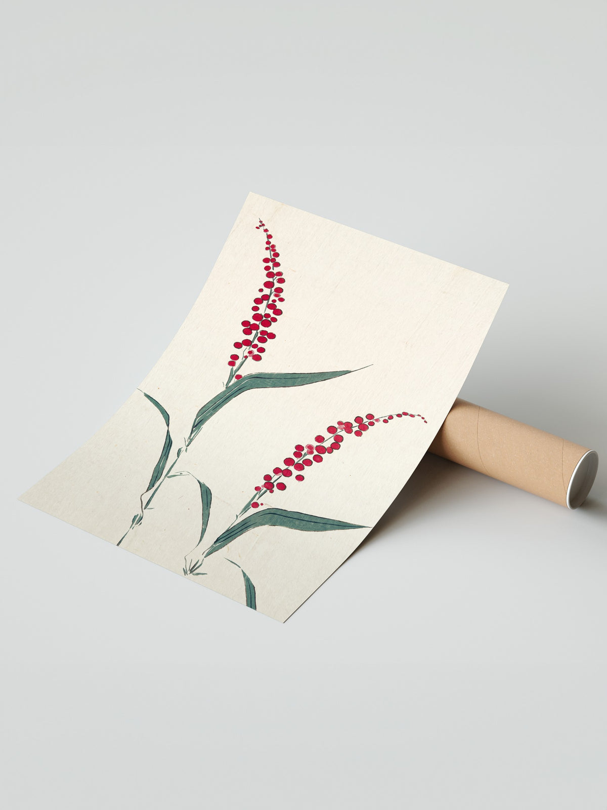 Kırmızı Çiçekli Dal Minimal Sanatı Çerçevesiz Poster