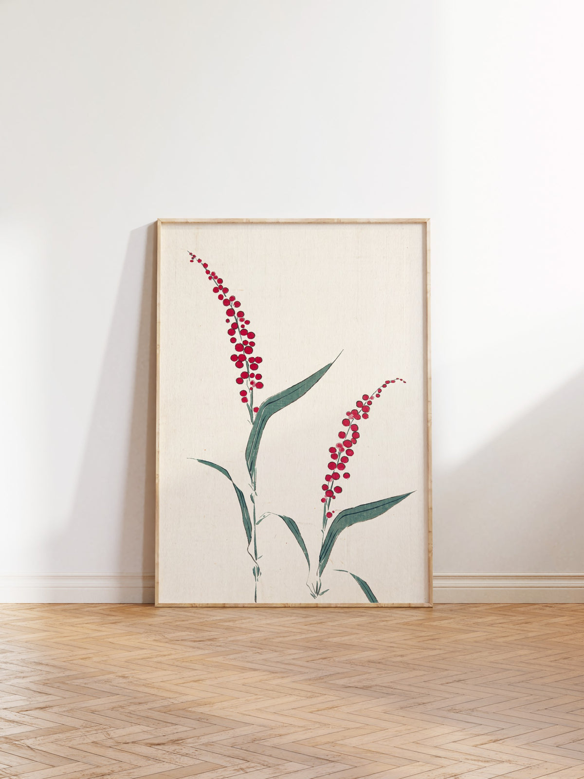 Kırmızı Çiçekli Dal Minimal Sanatı Poster – Ahşap Çerçeveli Tablo