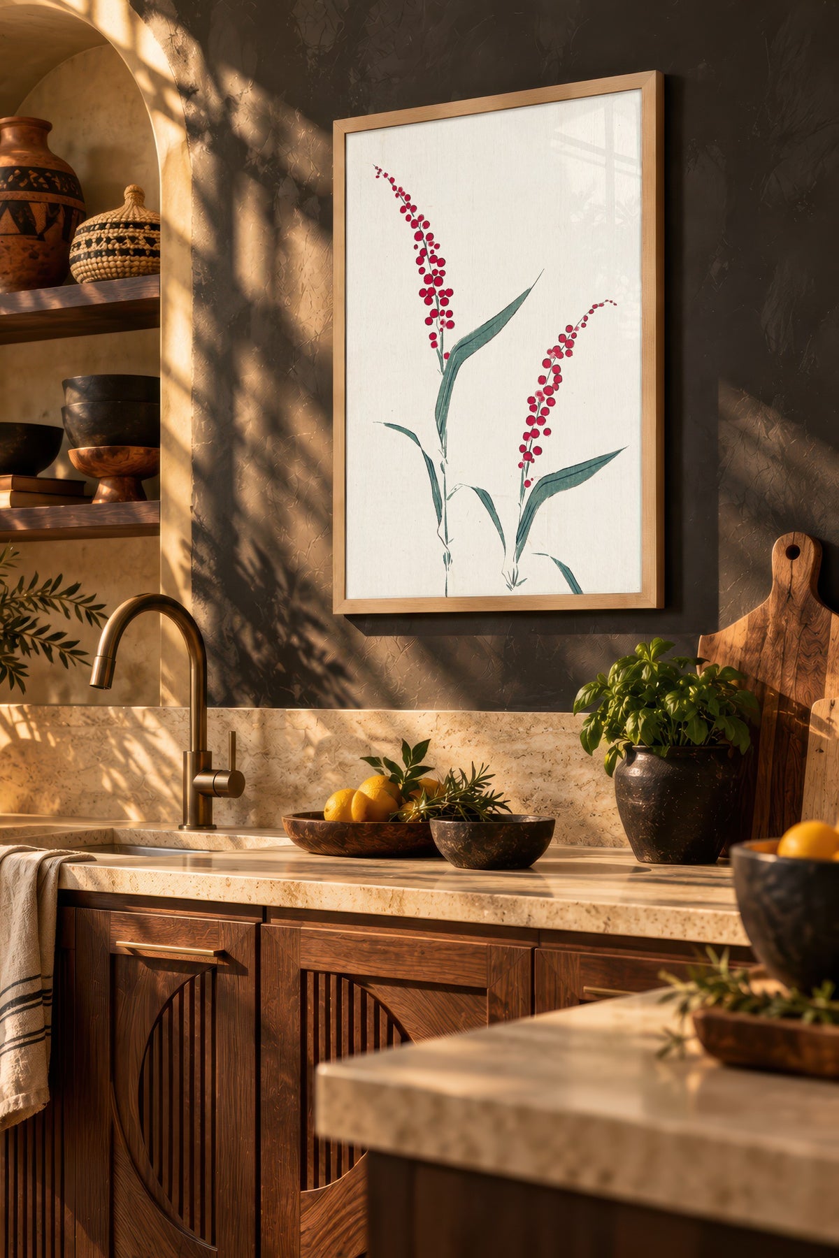 Kırmızı Çiçekli Dal Minimal Sanatı Poster – Ahşap Çerçeveli Tablo