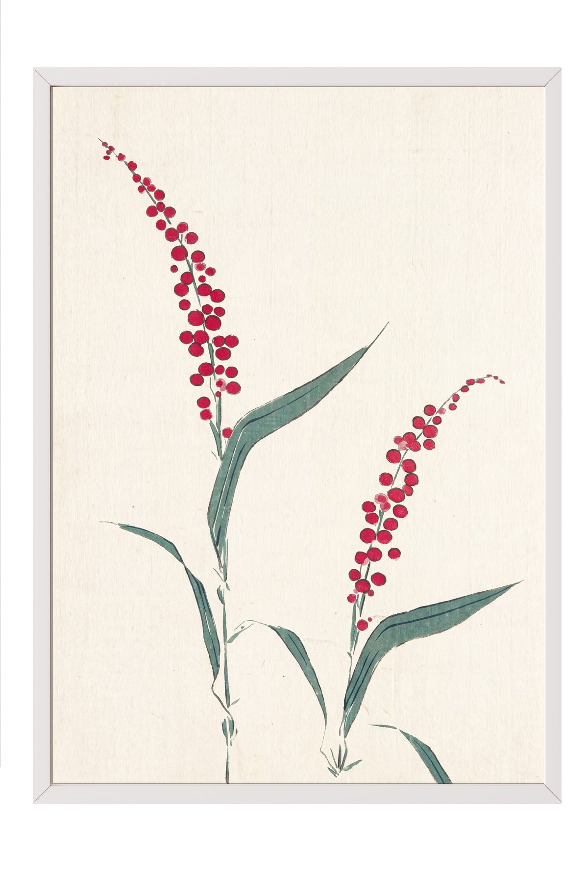 Kırmızı Çiçekli Dal Minimal Sanatı Poster – Beyaz Çerçeveli Tablo