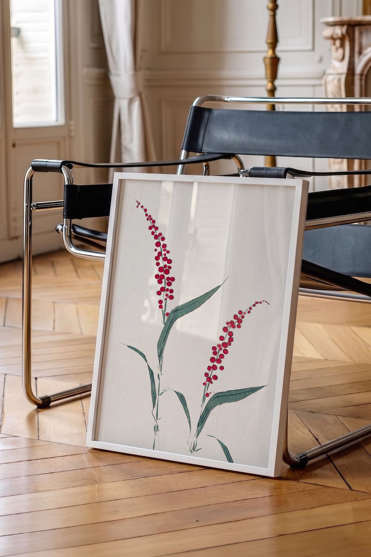 Kırmızı Çiçekli Dal Minimal Sanatı Poster – Beyaz Çerçeveli Tablo
