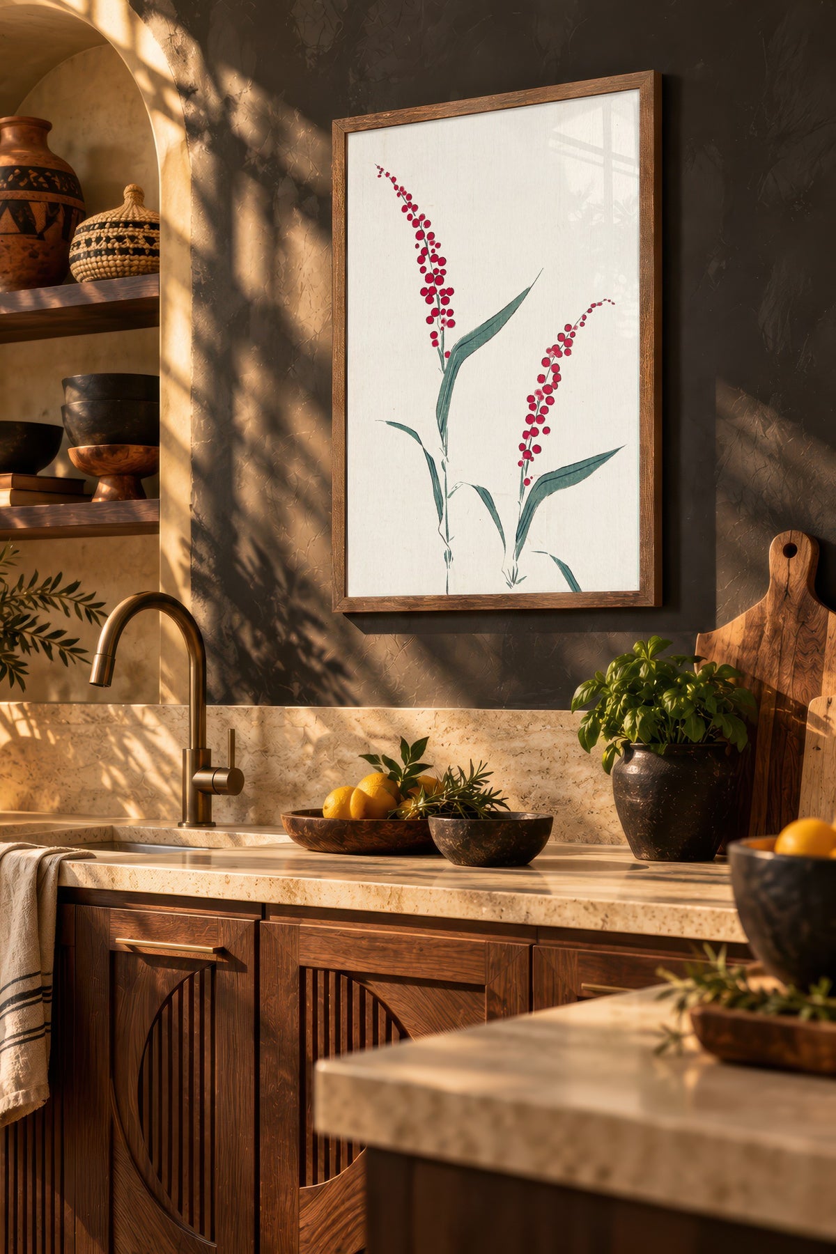 Kırmızı Çiçekli Dal Minimal Sanatı Poster – Kahverengi Çerçeveli Tablo