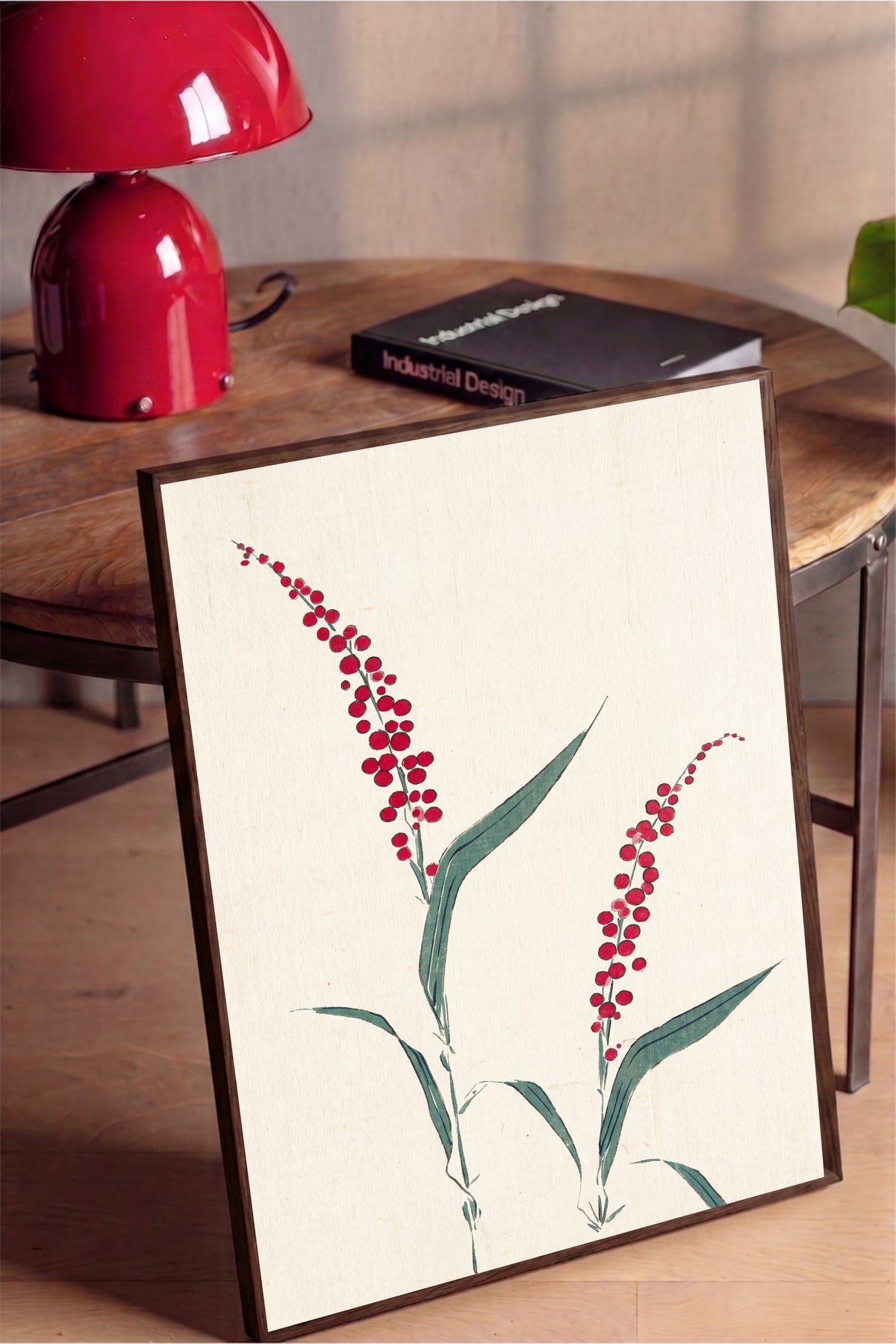 Kırmızı Çiçekli Dal Minimal Sanatı Poster – Kahverengi Çerçeveli Tablo