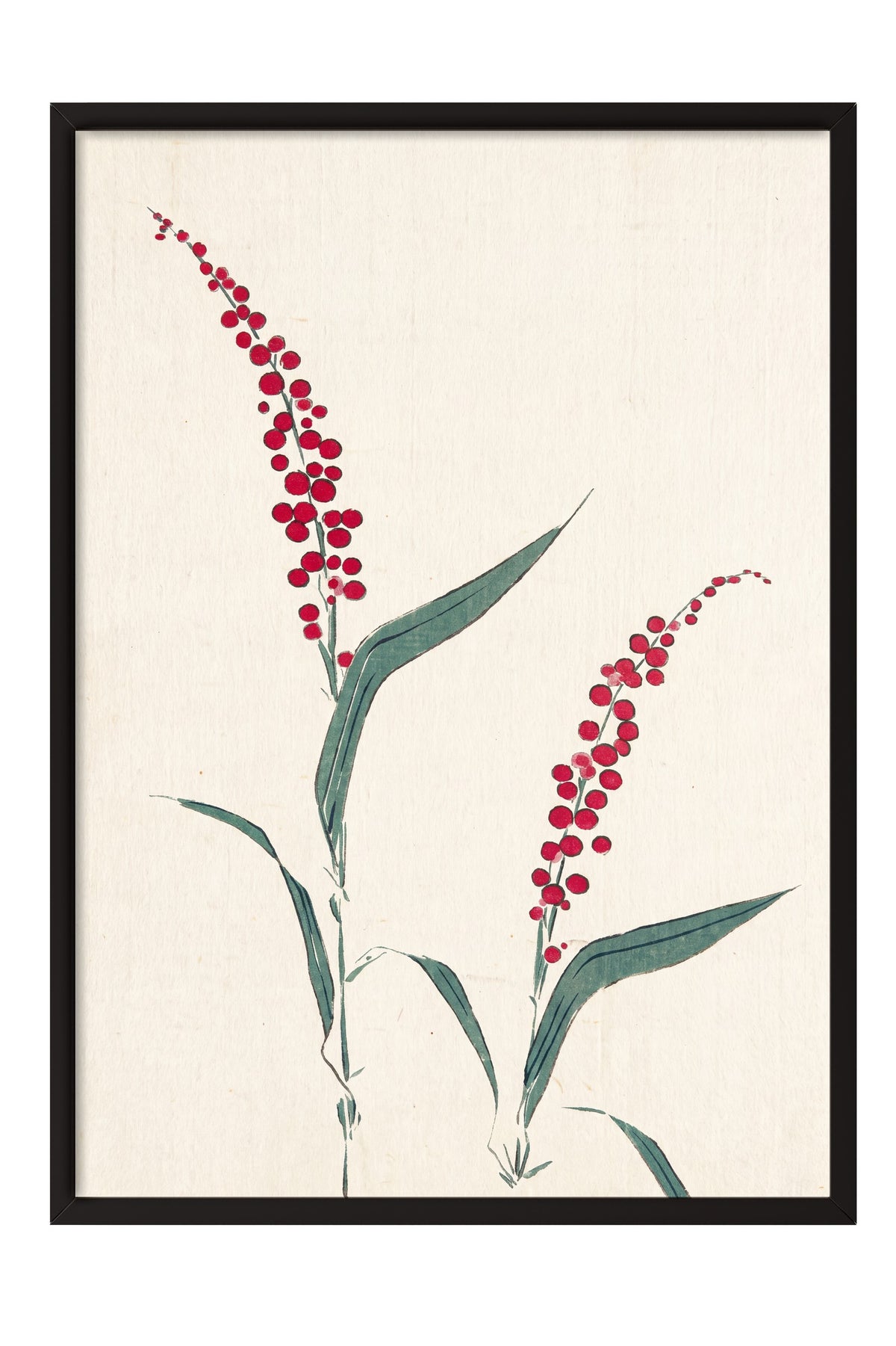 Kırmızı Çiçekli Dal Minimal Sanatı Poster – Siyah Çerçeveli Tablo