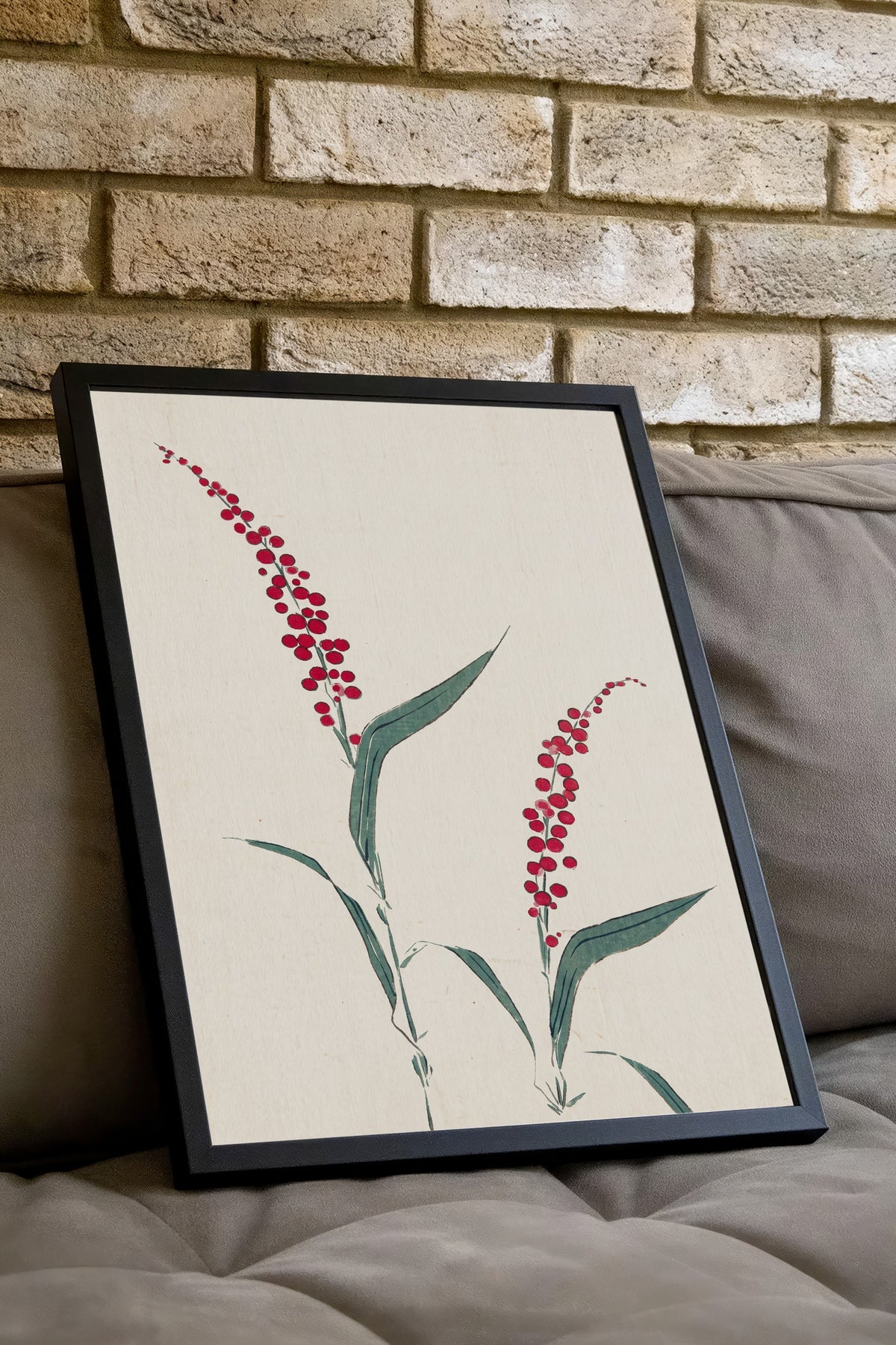 Kırmızı Çiçekli Dal Minimal Sanatı Poster – Siyah Çerçeveli Tablo