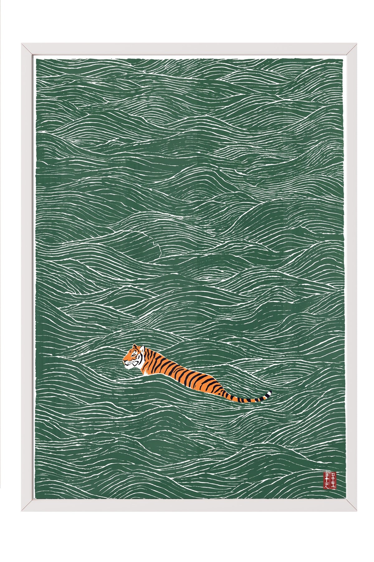 Dalgalarda Yüzen Kaplan Poster – Beyaz Çerçeveli Tablo