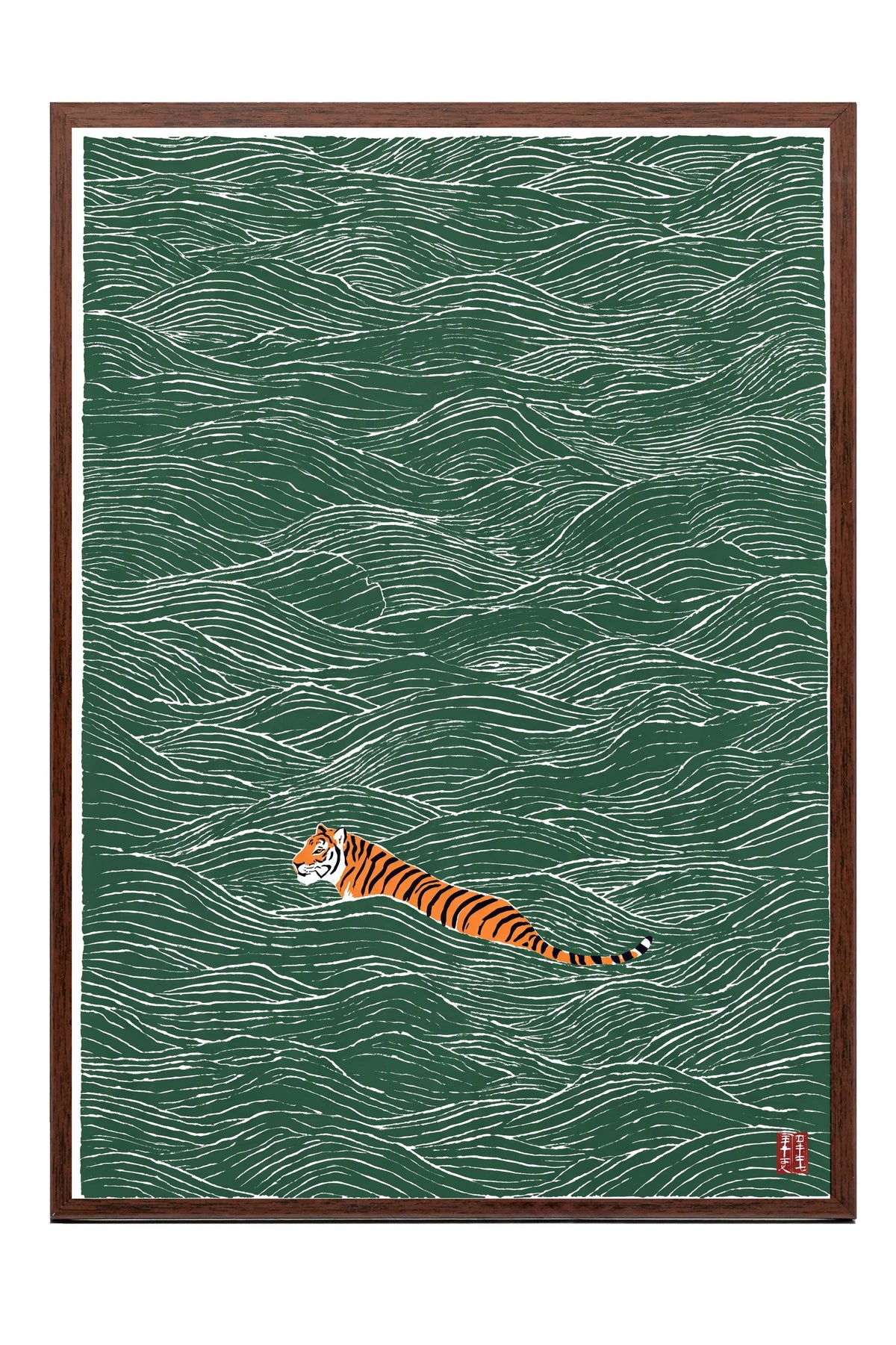 Dalgalarda Yüzen Kaplan Poster – Kahverengi Çerçeveli Tablo