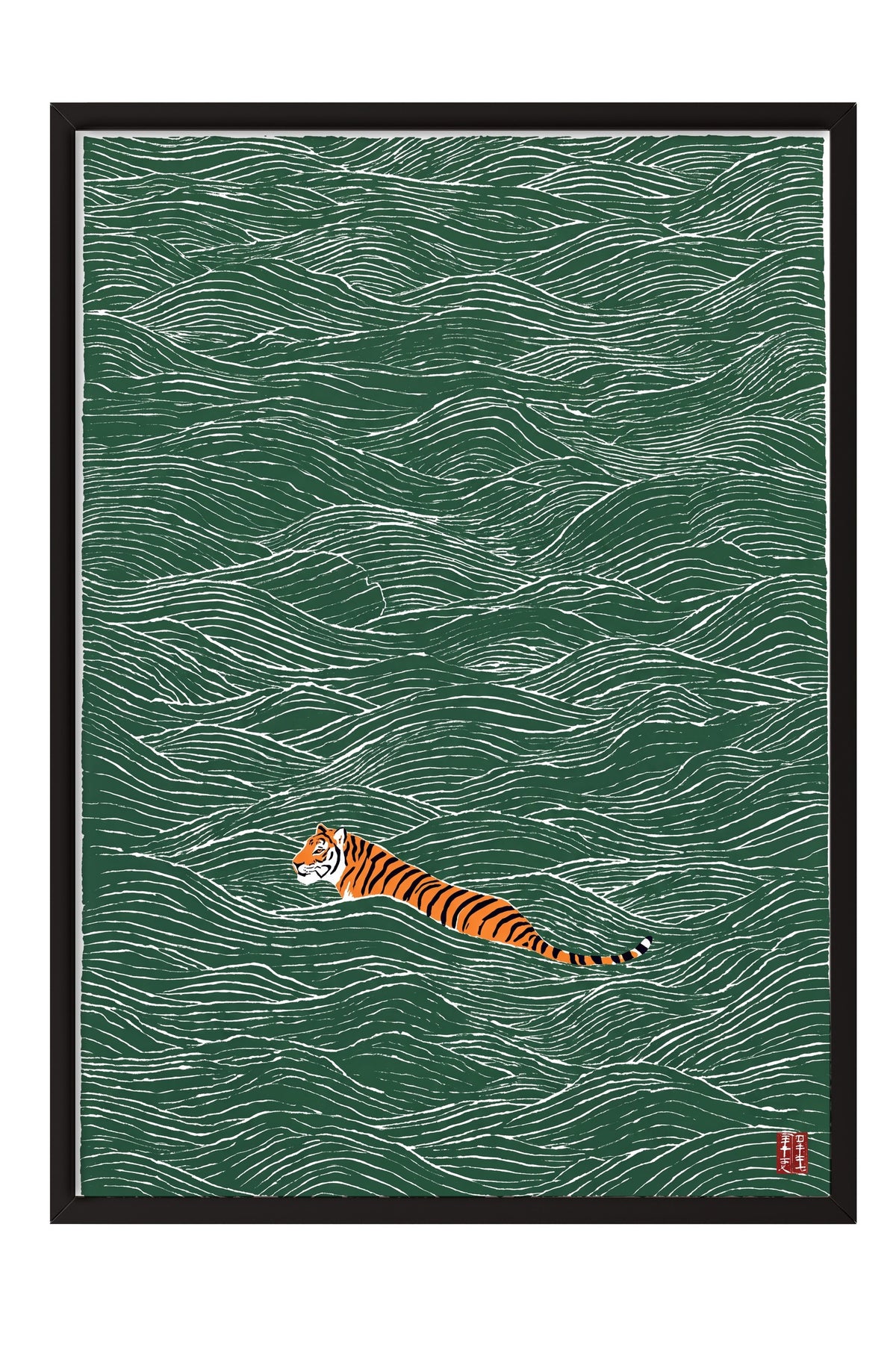 Dalgalarda Yüzen Kaplan Poster – Siyah Çerçeveli Tablo