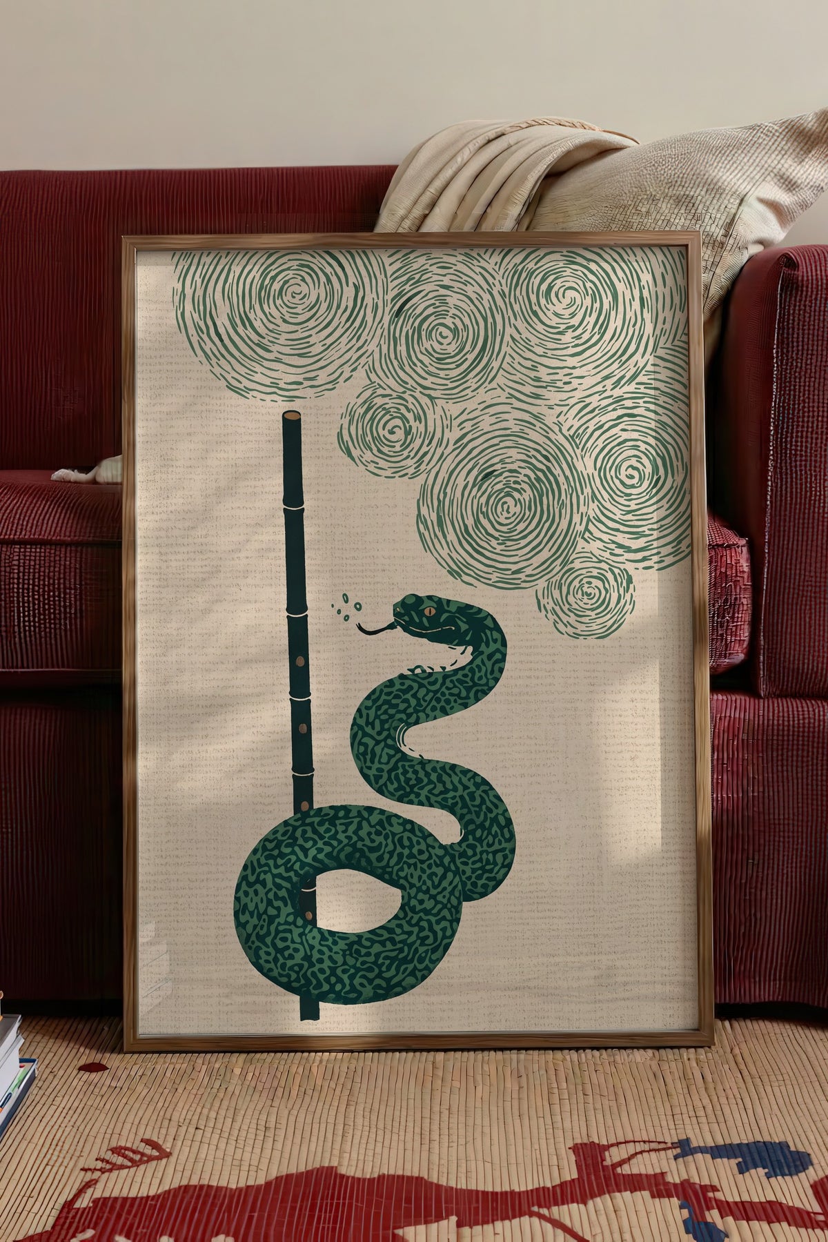 Bambu Flüt ve Yılan Poster – Kahverengi Çerçeveli Tablo