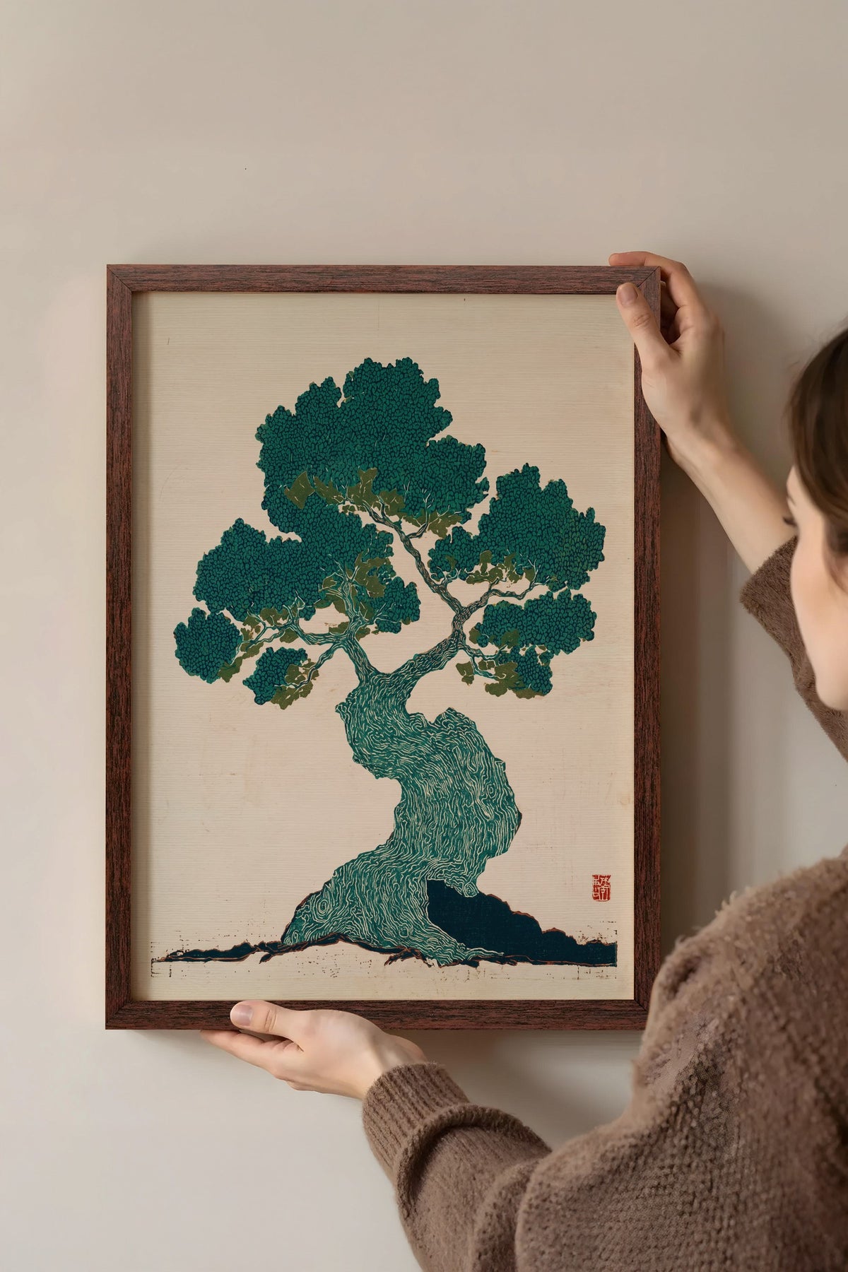 Bonsai Ağacı Baskısı Poster – Kahverengi Çerçeveli Tablo