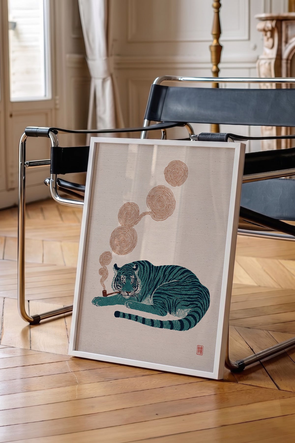 Pipo İçen Kaplan Poster – Beyaz Çerçeveli Tablo — NO:180155