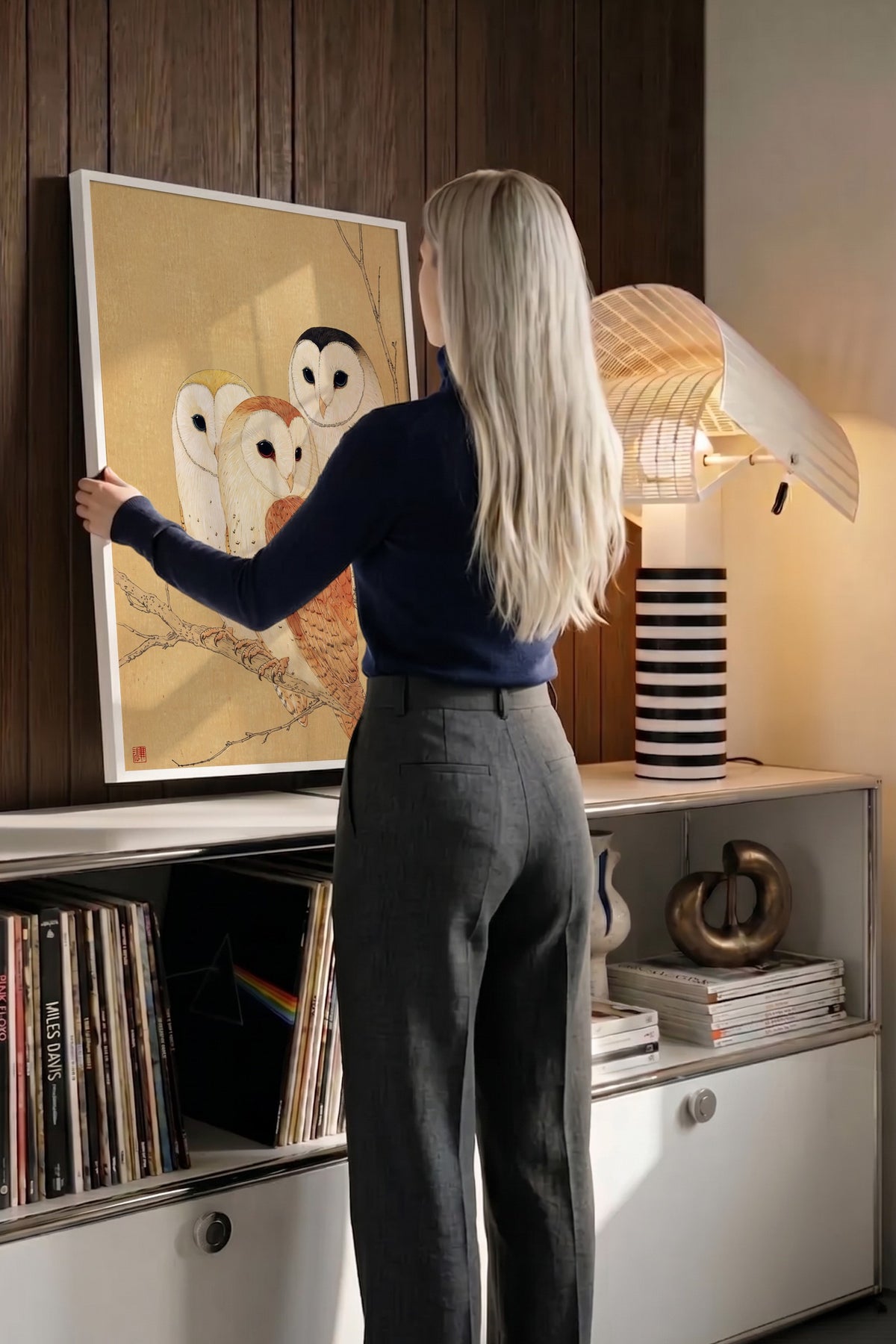 Dalda Üç Peçeli Baykuş Poster – Beyaz Çerçeveli Tablo