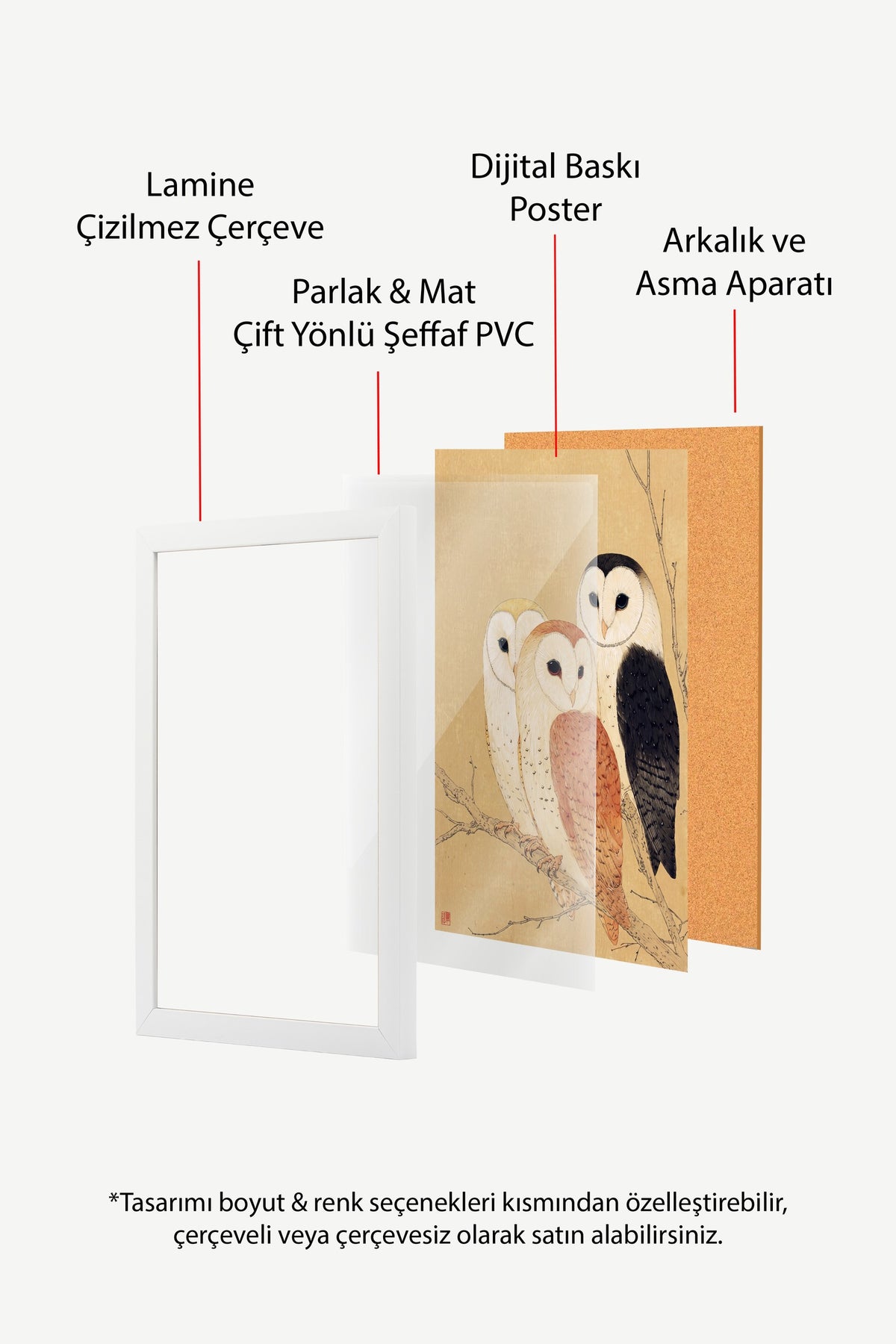 Dalda Üç Peçeli Baykuş Poster – Beyaz Çerçeveli Tablo