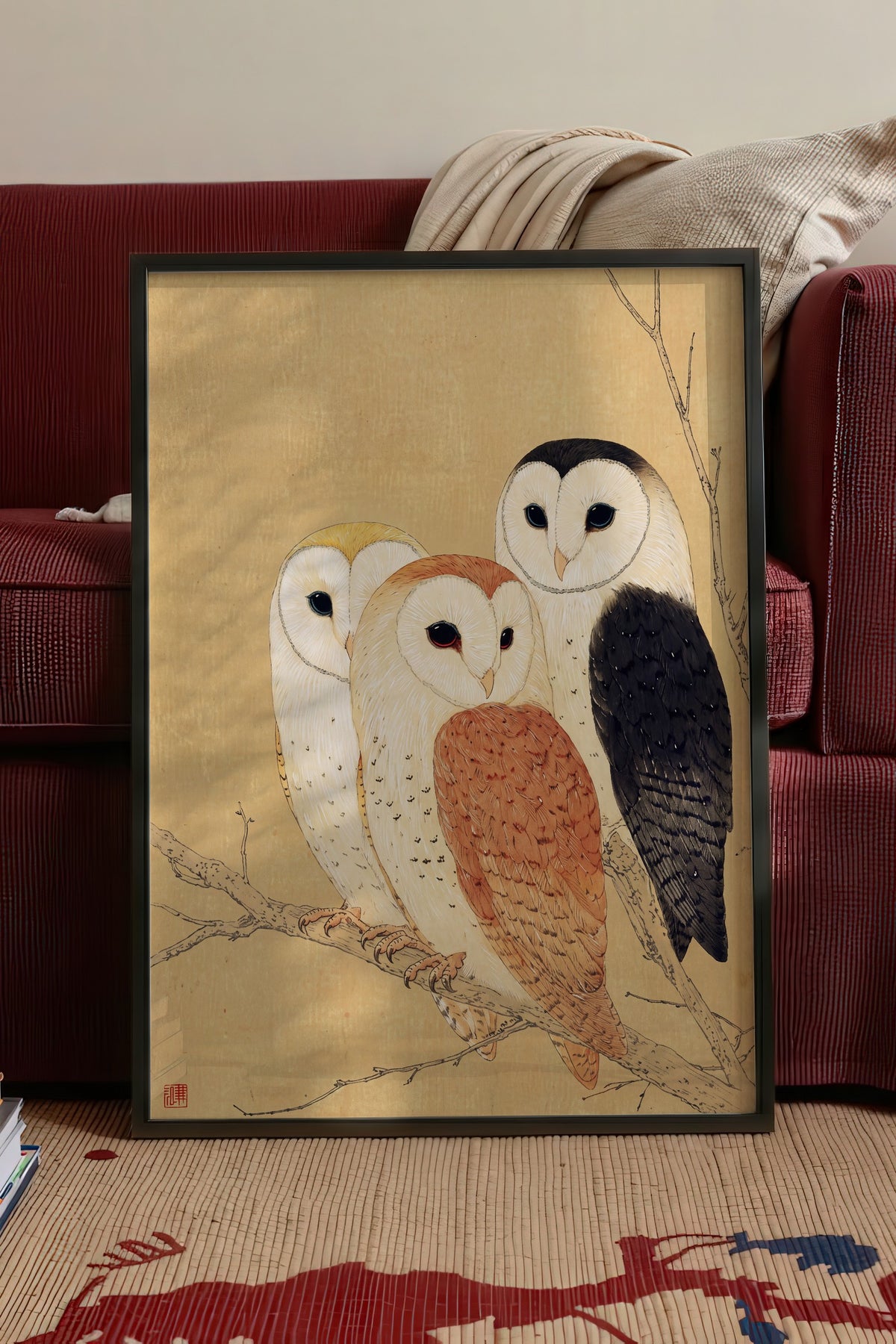 Dalda Üç Peçeli Baykuş Poster – Siyah Çerçeveli Tablo