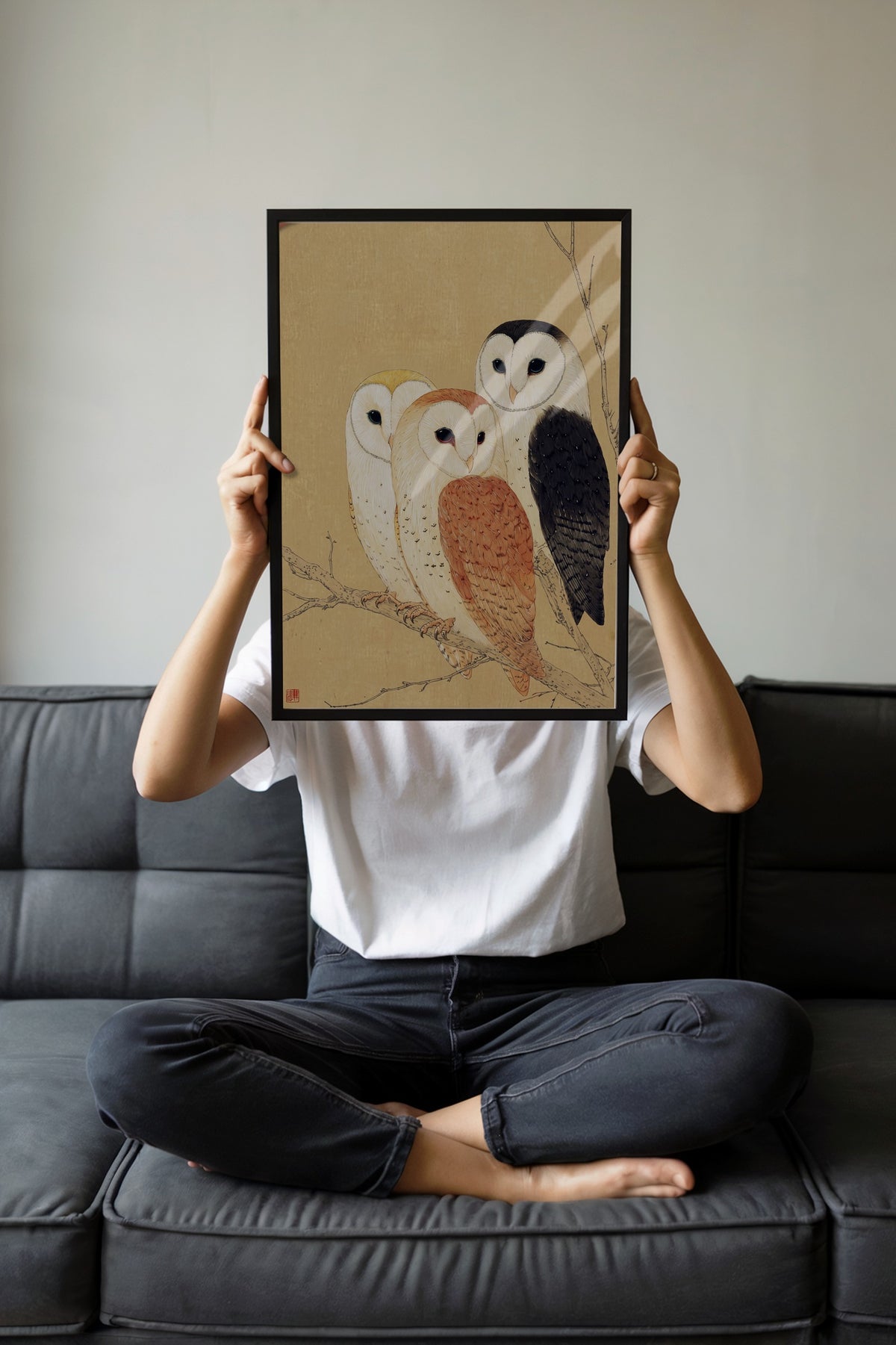 Dalda Üç Peçeli Baykuş Poster – Siyah Çerçeveli Tablo