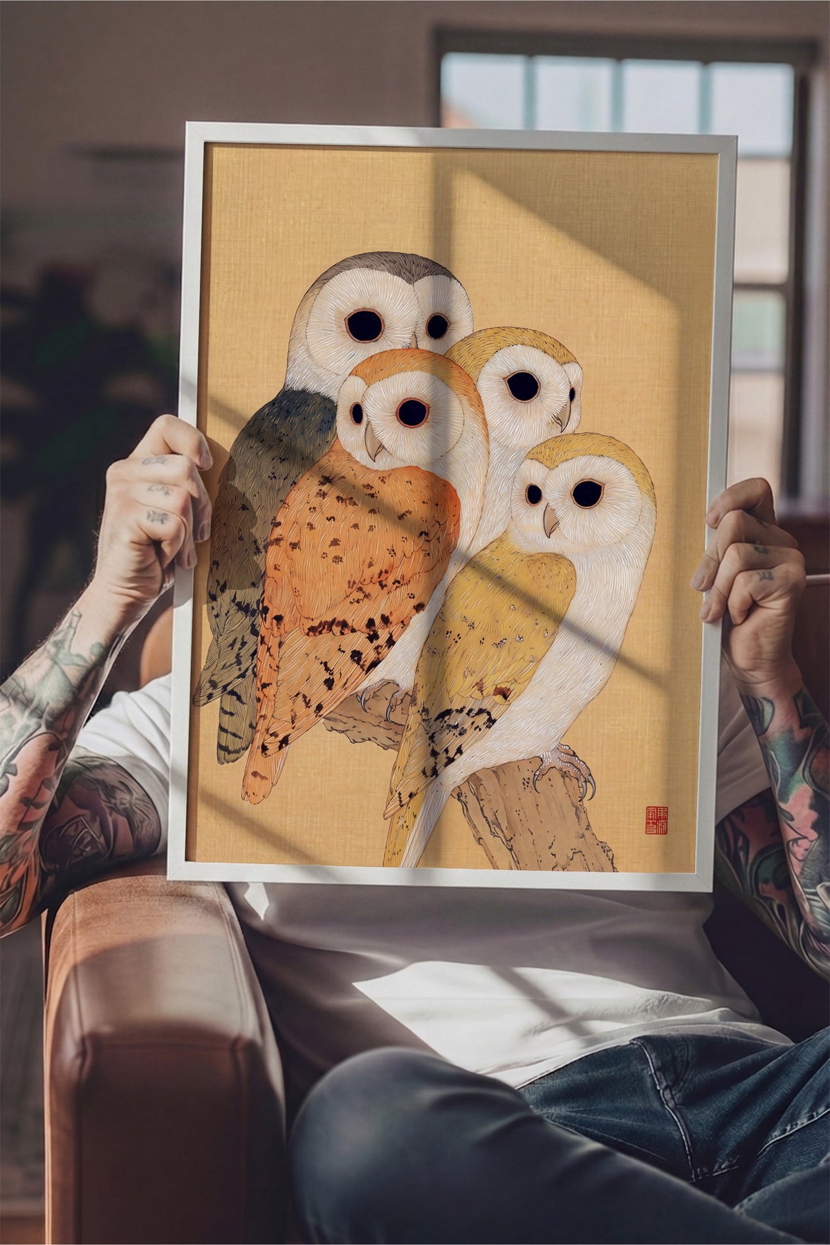 Dört Baykuş Ailesi Poster – Beyaz Çerçeveli Tablo