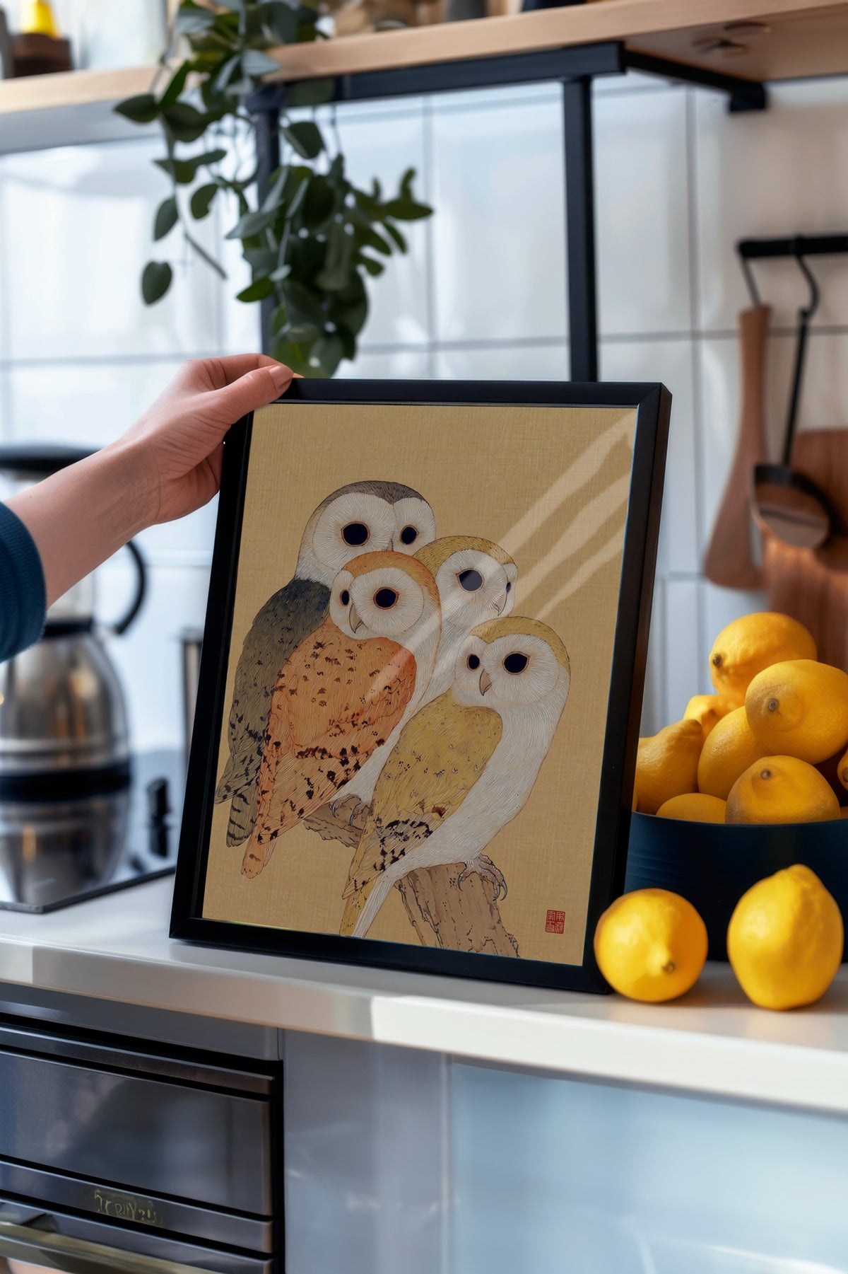 Dört Baykuş Ailesi Poster – Siyah Çerçeveli Tablo