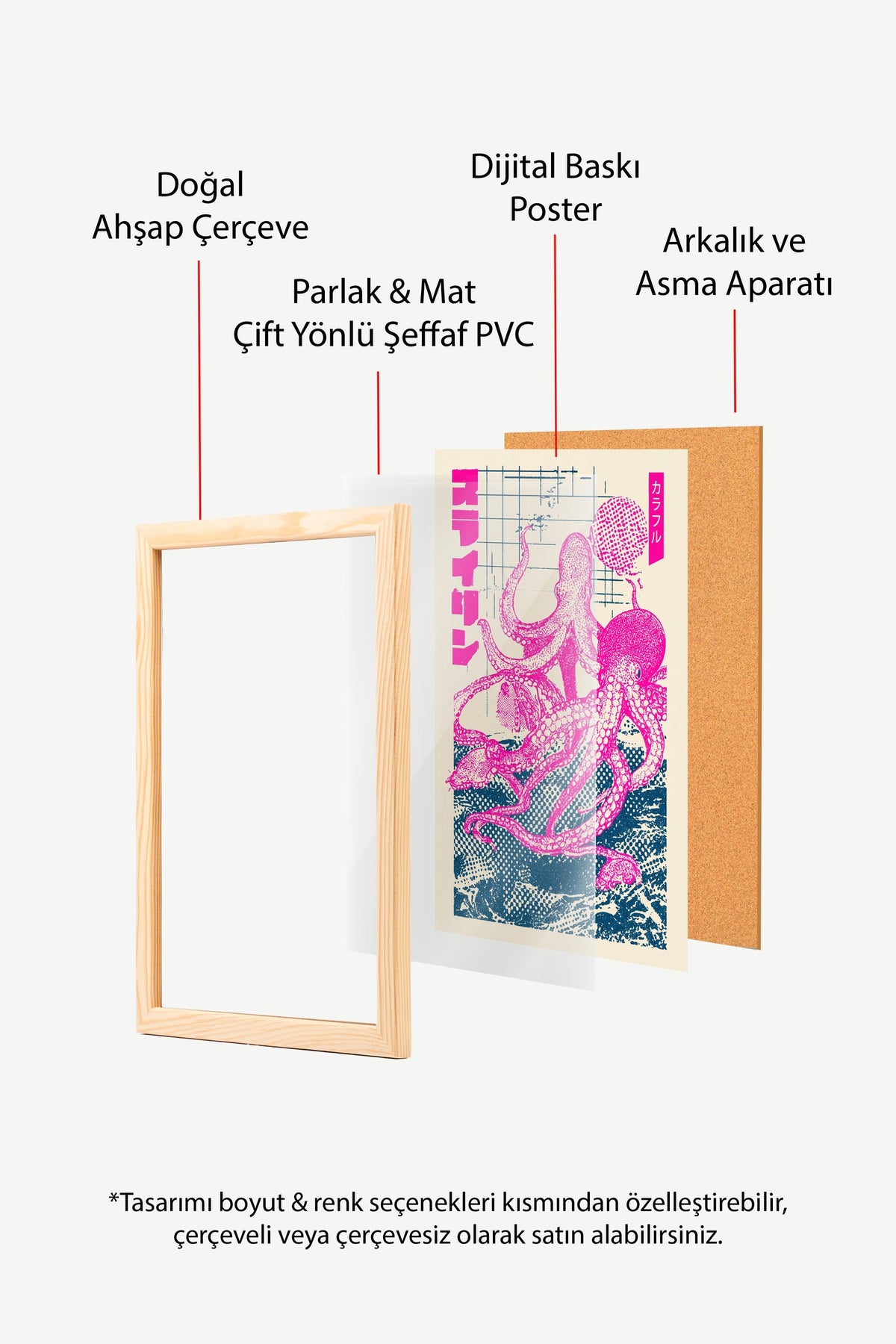 Pembe Ahtapot Baskısı Poster – Ahşap Çerçeveli Tablo