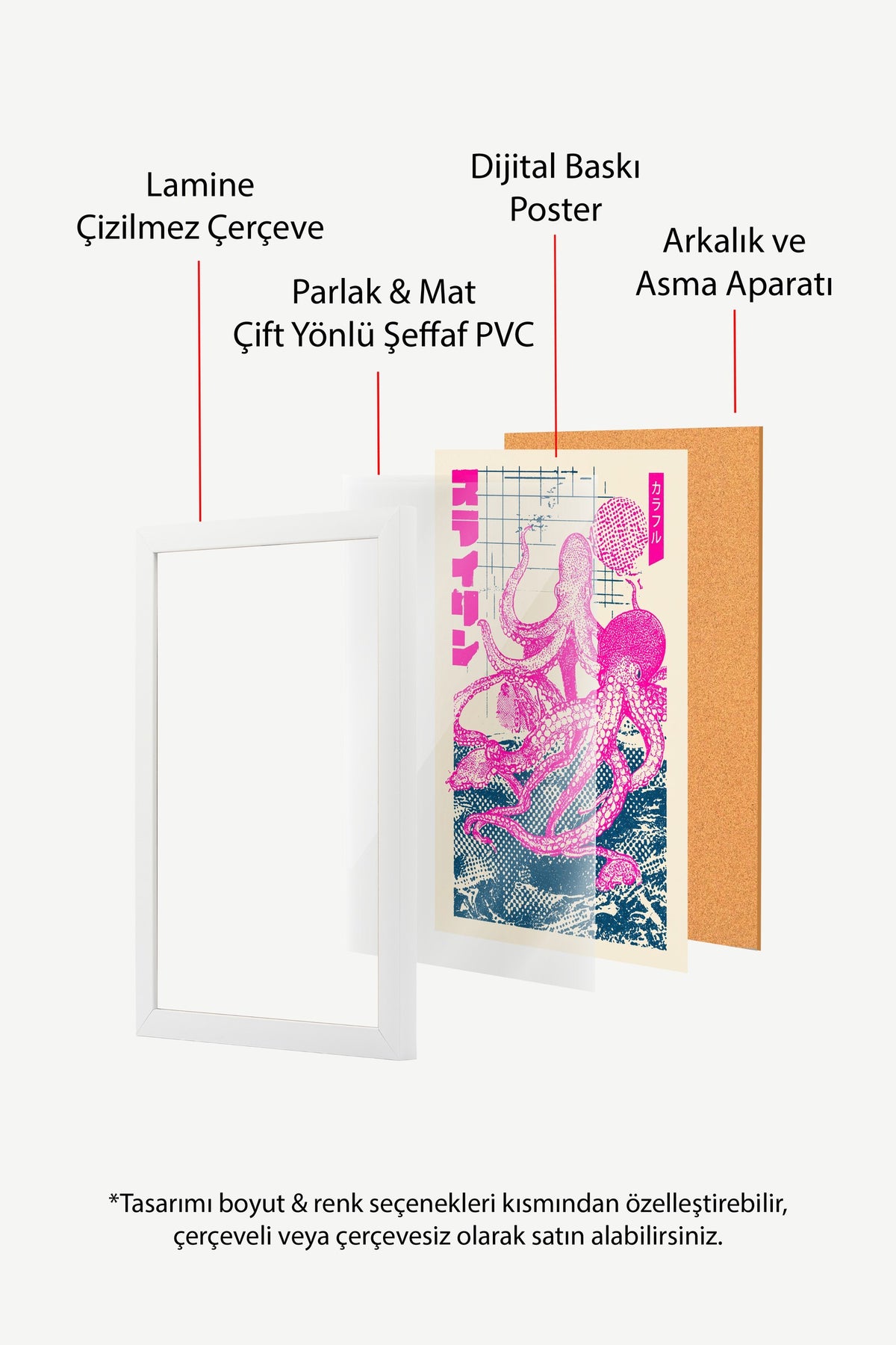 Pembe Ahtapot Baskısı Poster – Beyaz Çerçeveli Tablo