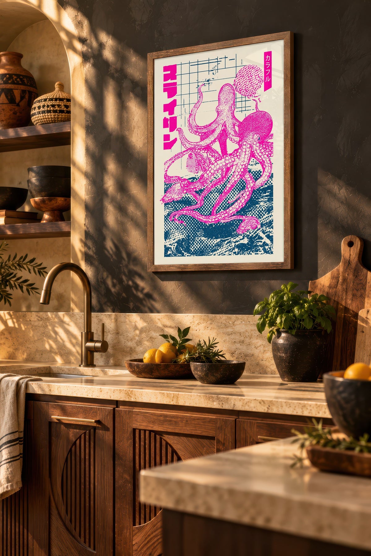 Pembe Ahtapot Baskısı Poster – Kahverengi Çerçeveli Tablo