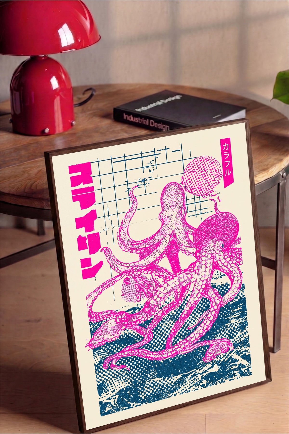 Pembe Ahtapot Baskısı Poster – Kahverengi Çerçeveli Tablo