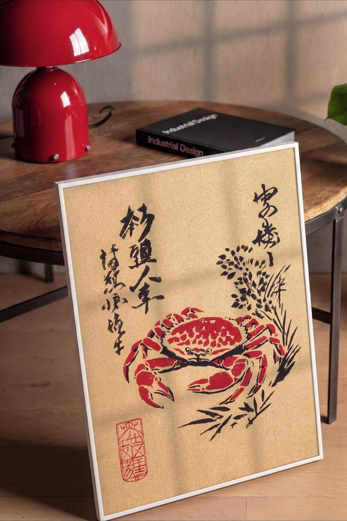 Kırmızı Yengeç ve Japon Kaligrafisi Poster – Beyaz Çerçeveli Tablo