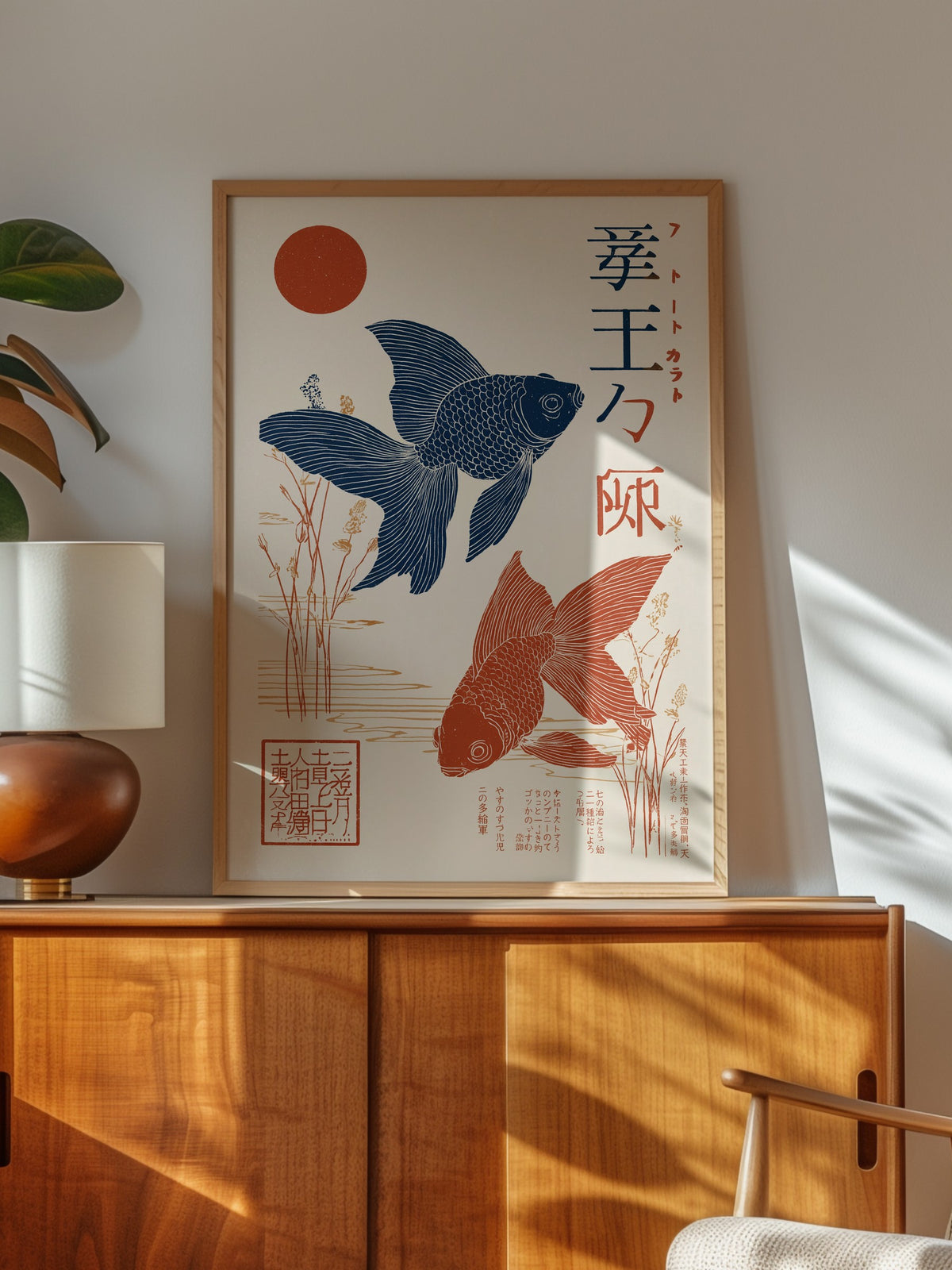 Japon Balıkları ve Kızıl Güneş Poster – Ahşap Çerçeveli Tablo