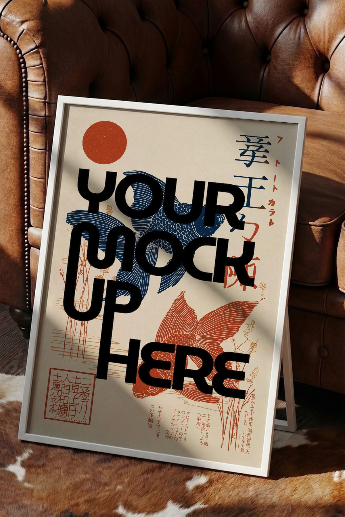 Japon Balıkları ve Kızıl Güneş Poster – Beyaz Çerçeveli Tablo