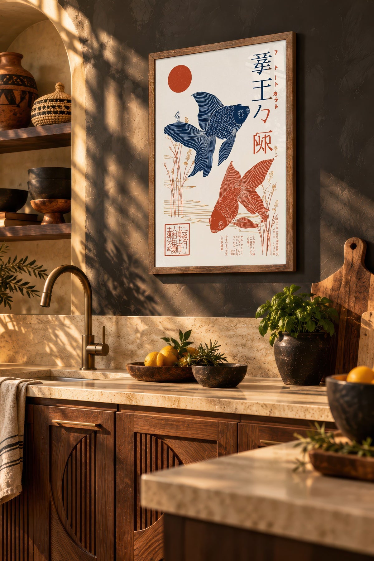 Japon Balıkları ve Kızıl Güneş Poster – Kahverengi Çerçeveli Tablo