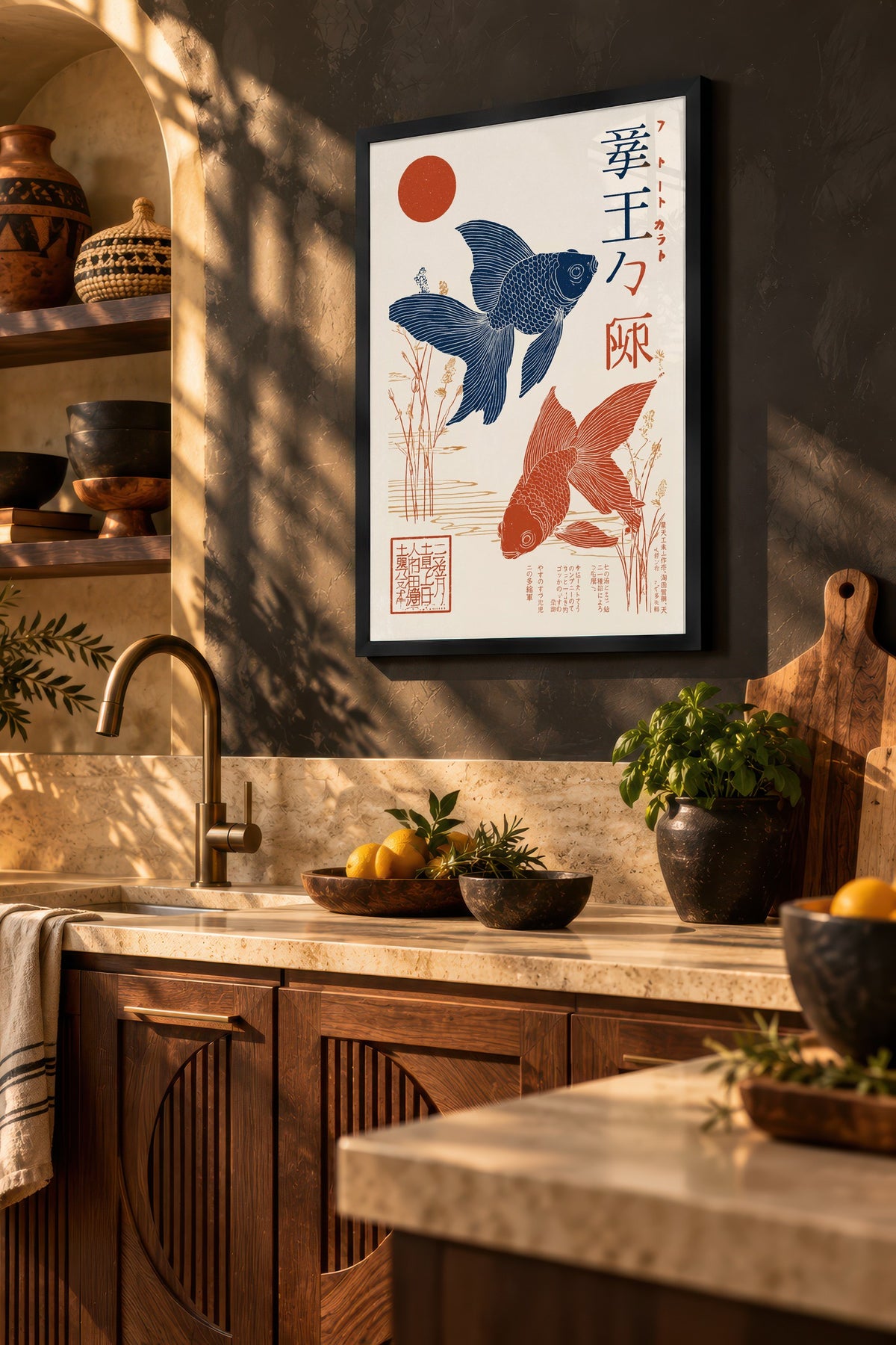 Japon Balıkları ve Kızıl Güneş Poster – Siyah Çerçeveli Tablo