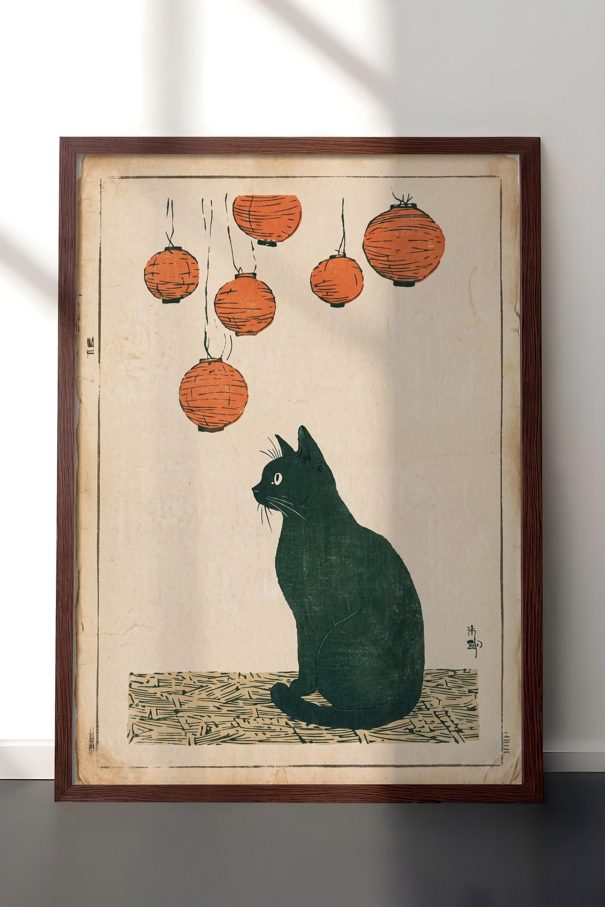Fenerler Altında Kedi Poster – Kahverengi Çerçeveli Tablo