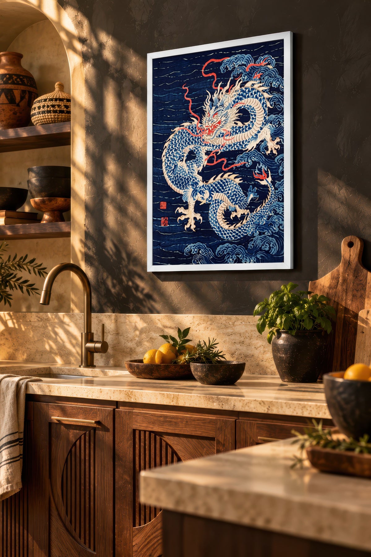 Dalgalarda Ejderha Poster – Beyaz Çerçeveli Tablo