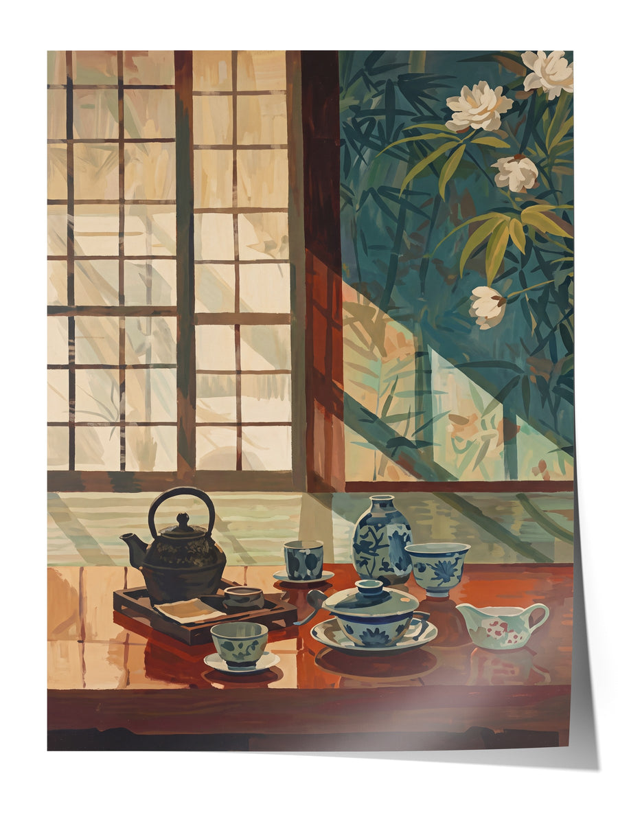 Japon Çay Seti ve Bambu Manzarası Çerçevesiz Poster