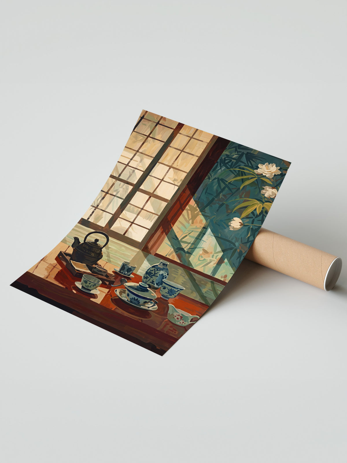 Japon Çay Seti ve Bambu Manzarası Çerçevesiz Poster