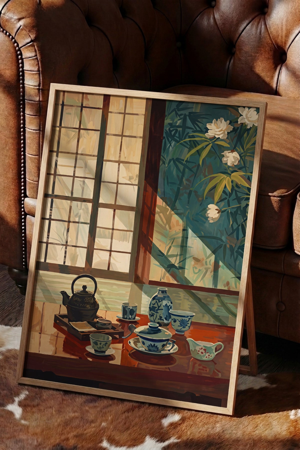 Japon Çay Seti ve Bambu Manzarası Poster – Ahşap Çerçeveli Tablo