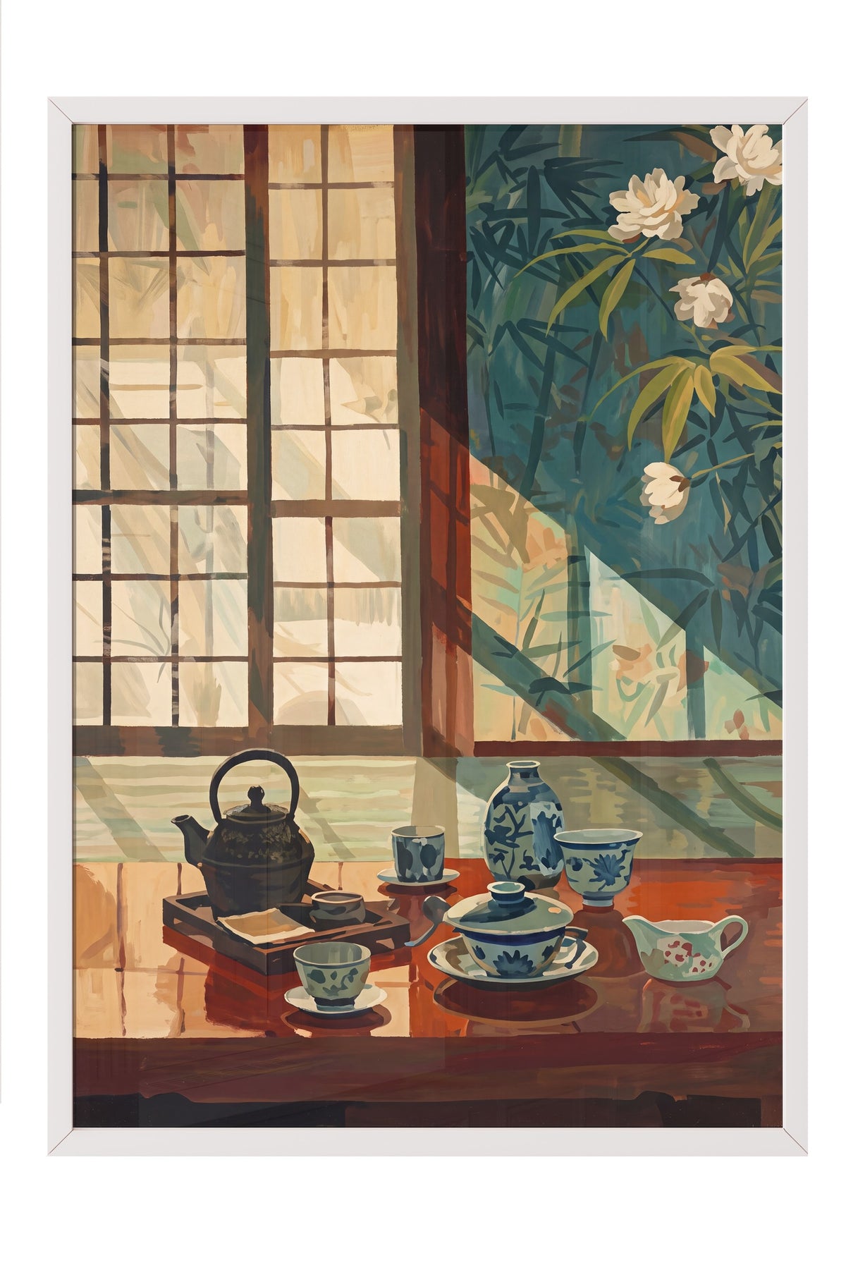 Japon Çay Seti ve Bambu Manzarası Poster – Beyaz Çerçeveli Tablo