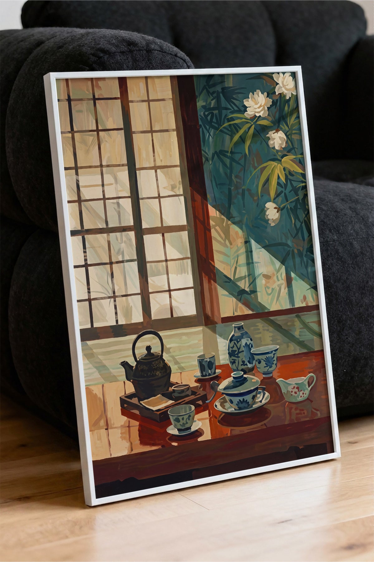 Japon Çay Seti ve Bambu Manzarası Poster – Beyaz Çerçeveli Tablo