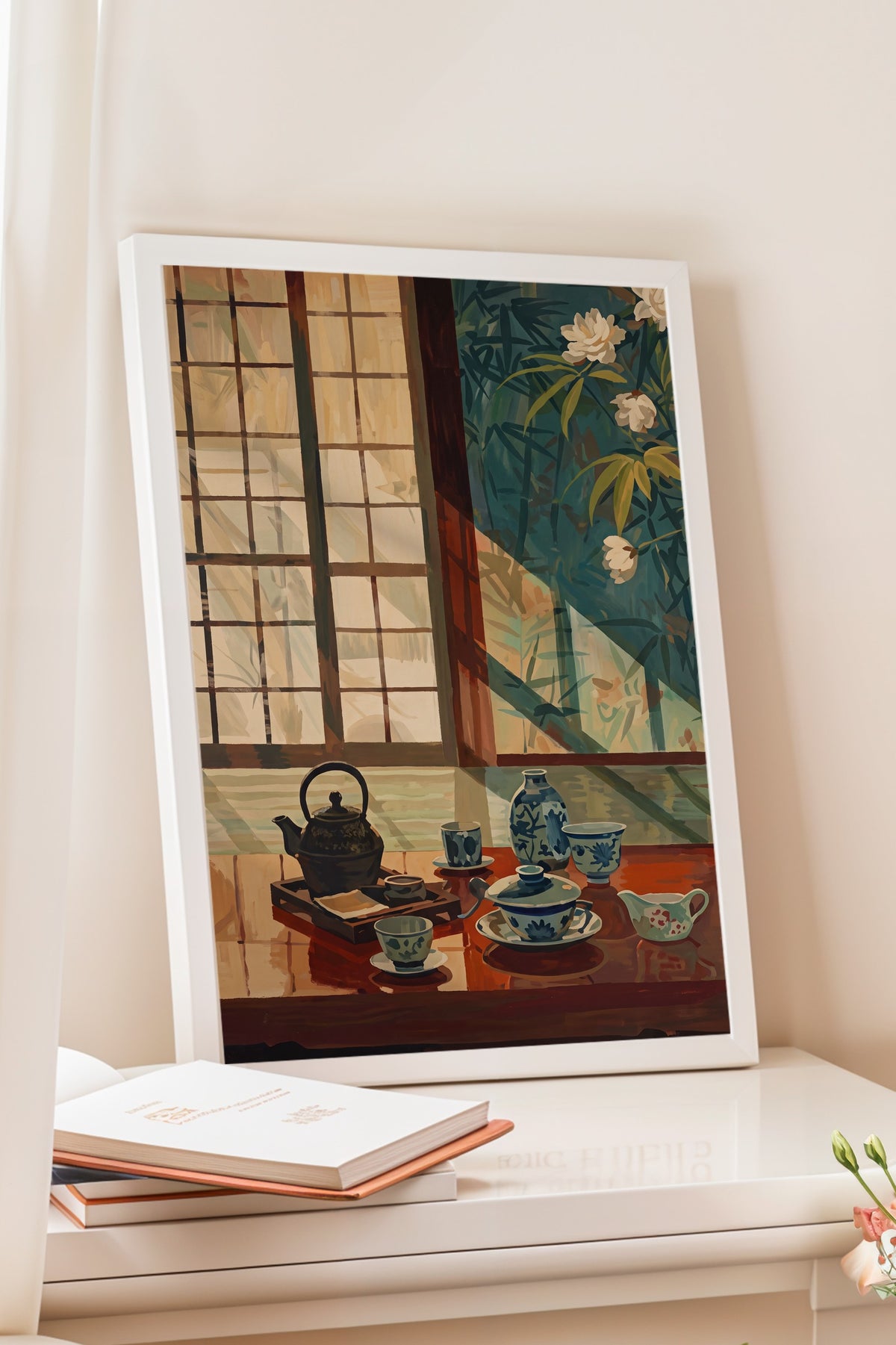 Japon Çay Seti ve Bambu Manzarası Poster – Beyaz Çerçeveli Tablo