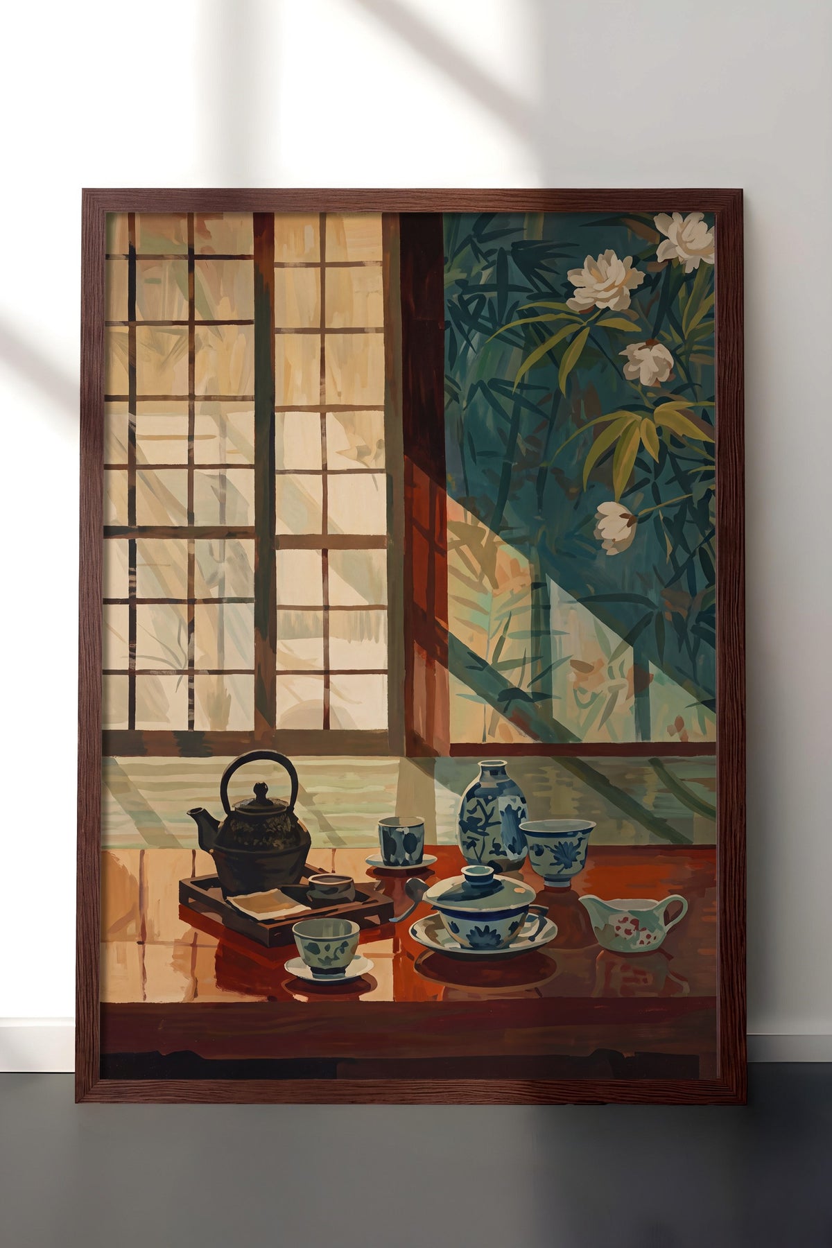 Japon Çay Seti ve Bambu Manzarası Poster – Kahverengi Çerçeveli Tablo