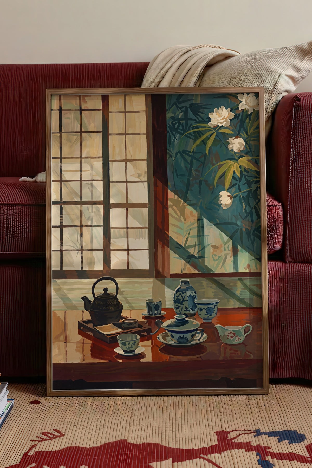 Japon Çay Seti ve Bambu Manzarası Poster – Kahverengi Çerçeveli Tablo