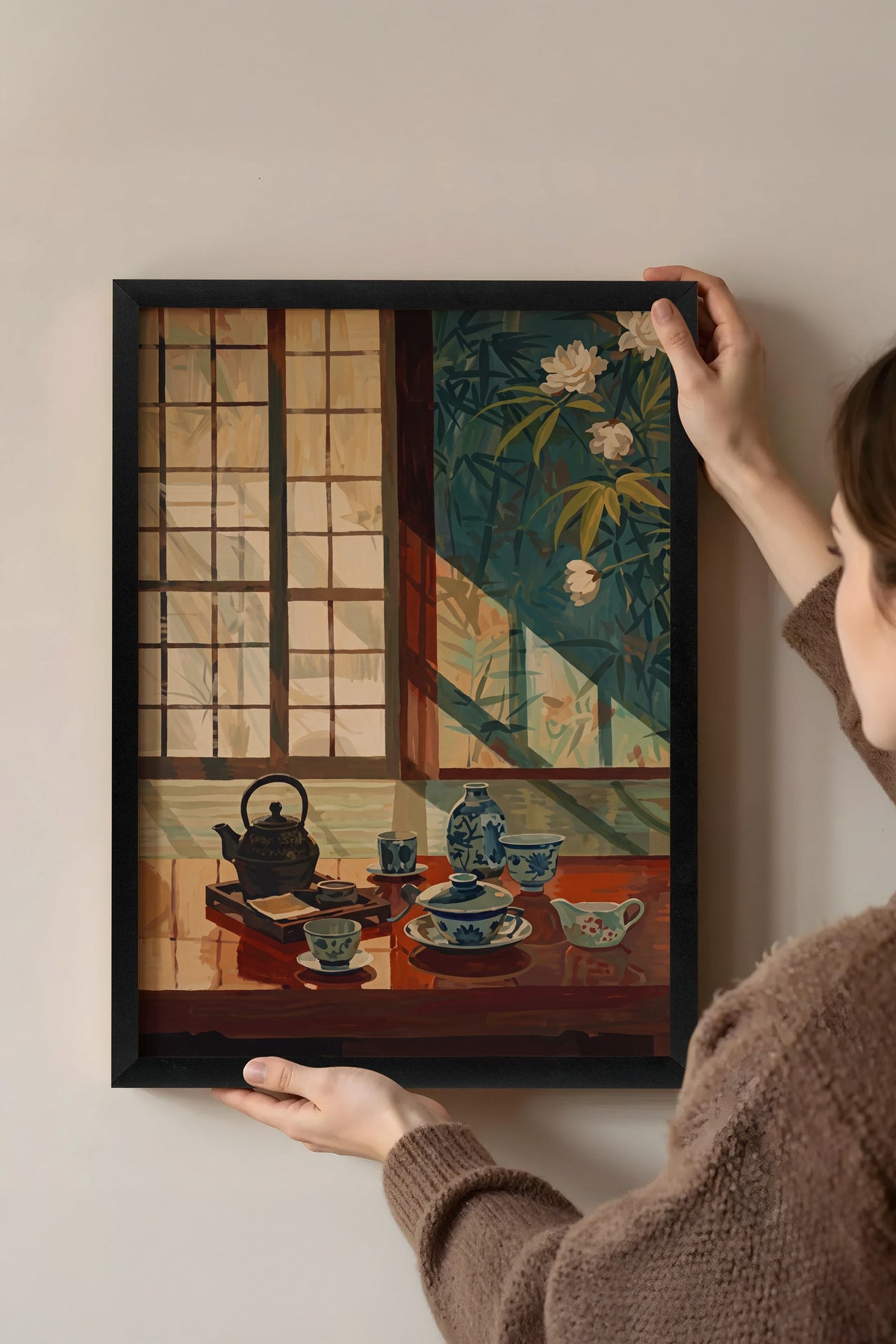 Japon Çay Seti ve Bambu Manzarası Poster – Siyah Çerçeveli Tablo