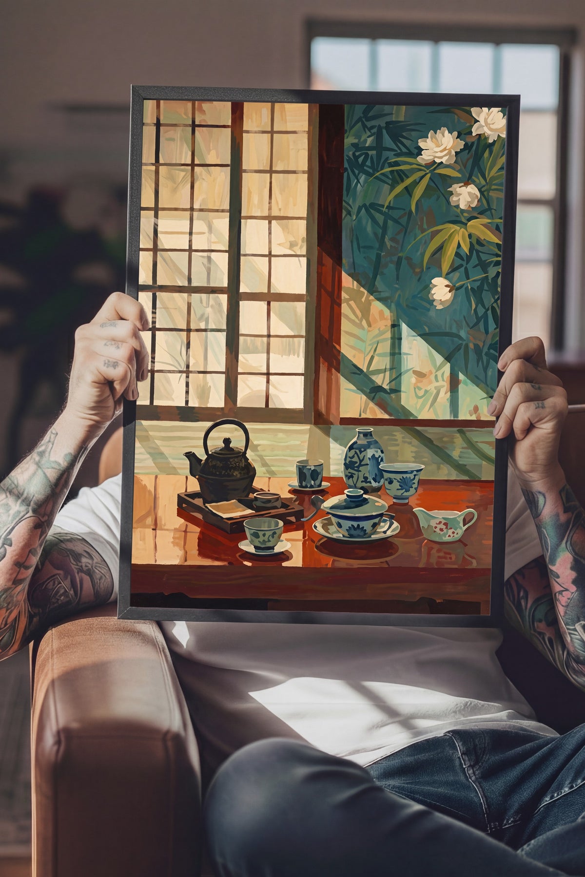 Japon Çay Seti ve Bambu Manzarası Poster – Siyah Çerçeveli Tablo