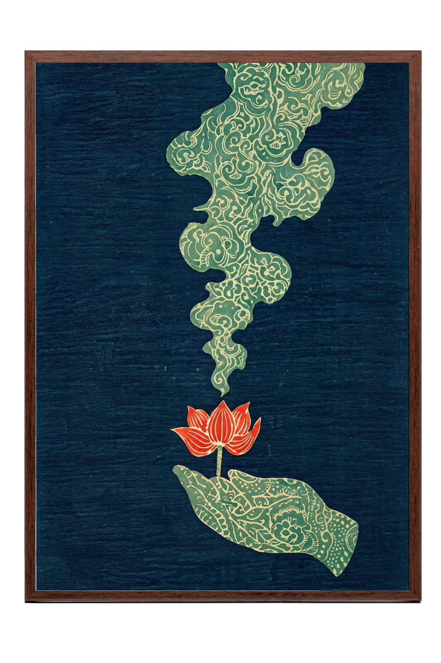 El Üstünde Lotus Çiçeği ve Desenli Buhar Poster – Kahverengi Çerçeveli Tablo