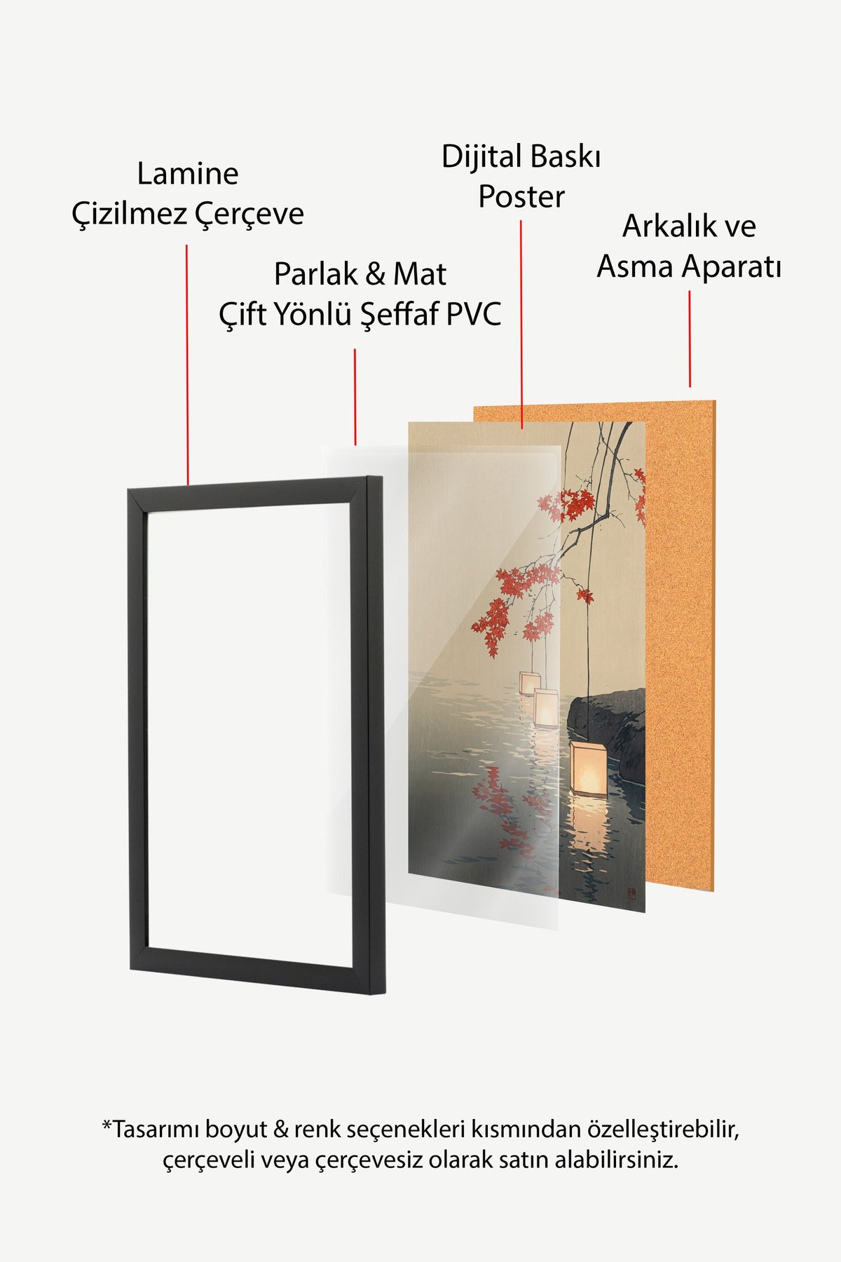 Suda Yüzen Fenerler ve Akçaağaç Yaprakları Poster – Siyah Çerçeveli Tablo