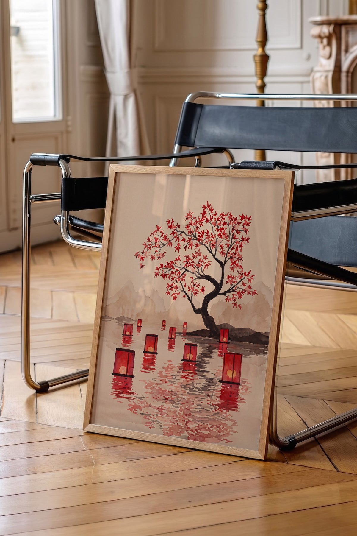 Suda Yüzen Fenerler ve Akçaağaç Poster – Ahşap Çerçeveli Tablo
