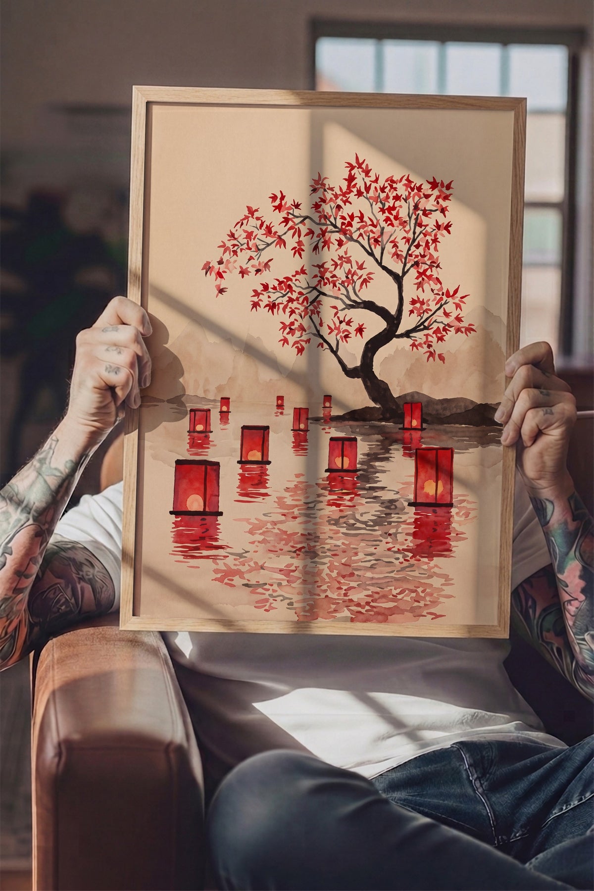 Suda Yüzen Fenerler ve Akçaağaç Poster – Ahşap Çerçeveli Tablo
